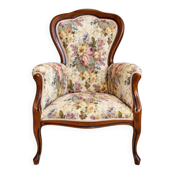 Fauteuil de salon style Louis XV tapisserie florale jacquard