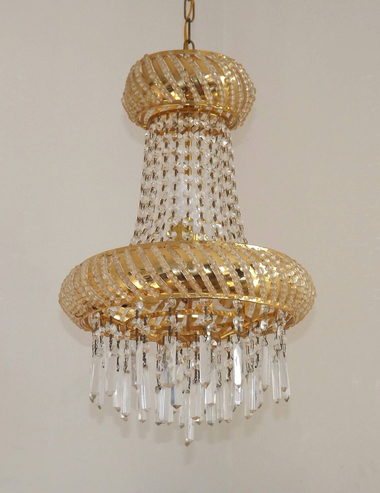 Vintage Gold Metal 5-Light Chandelier – Crystal Beads & Glass Prisms
