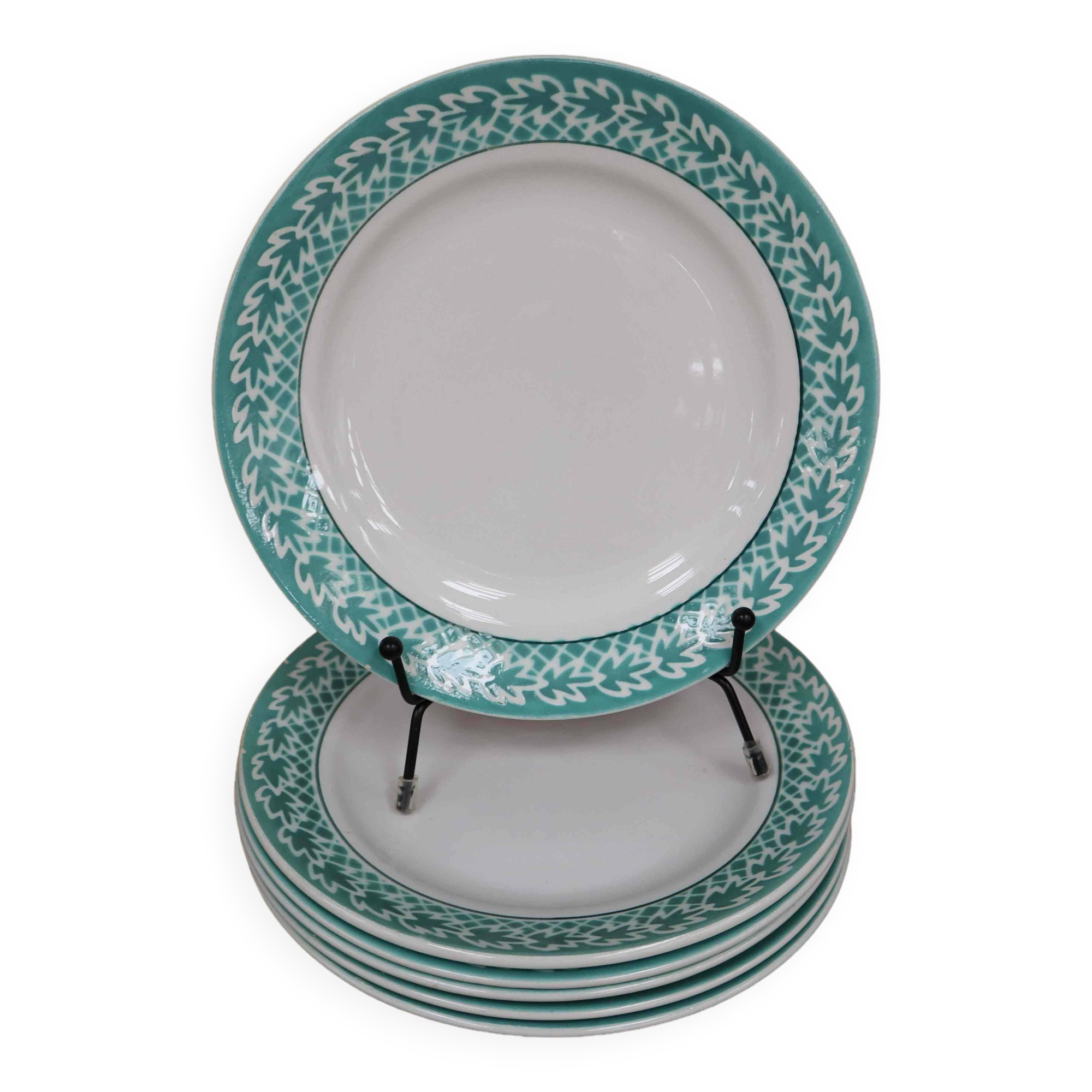 Set of 6 KIFO L'Amandinoise dessert plates with green leaf decor