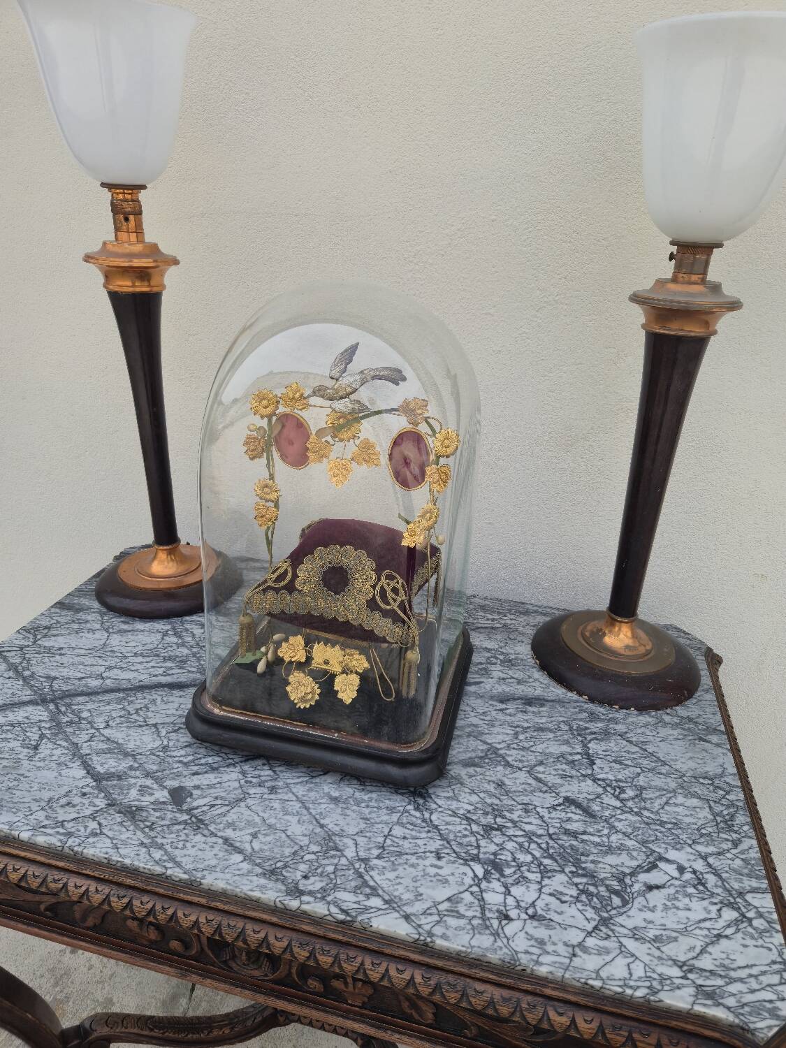 Louis XV style game table in solid oak and richly decorated marble