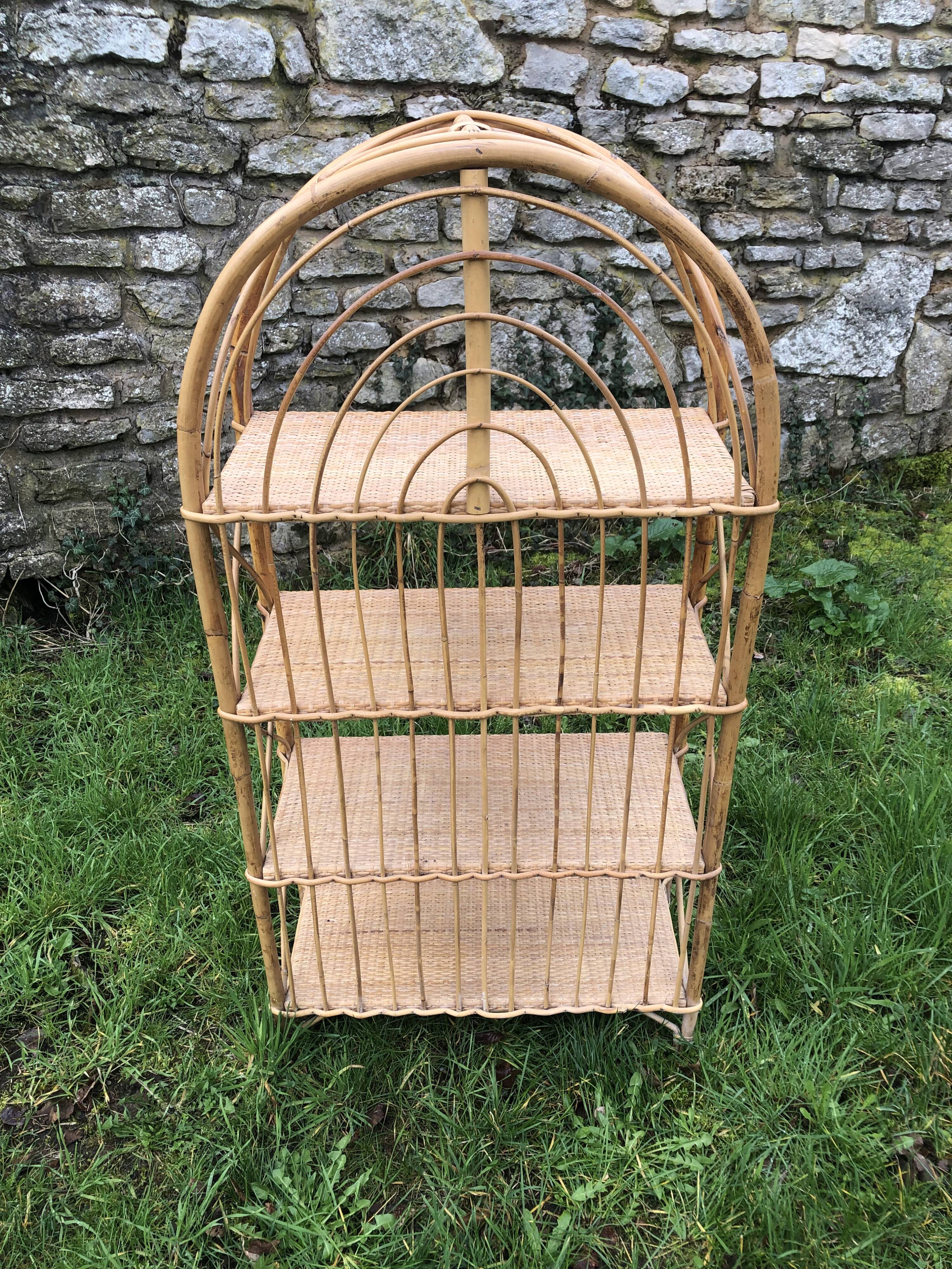 Vintage 60s bamboo rattan standing shelf