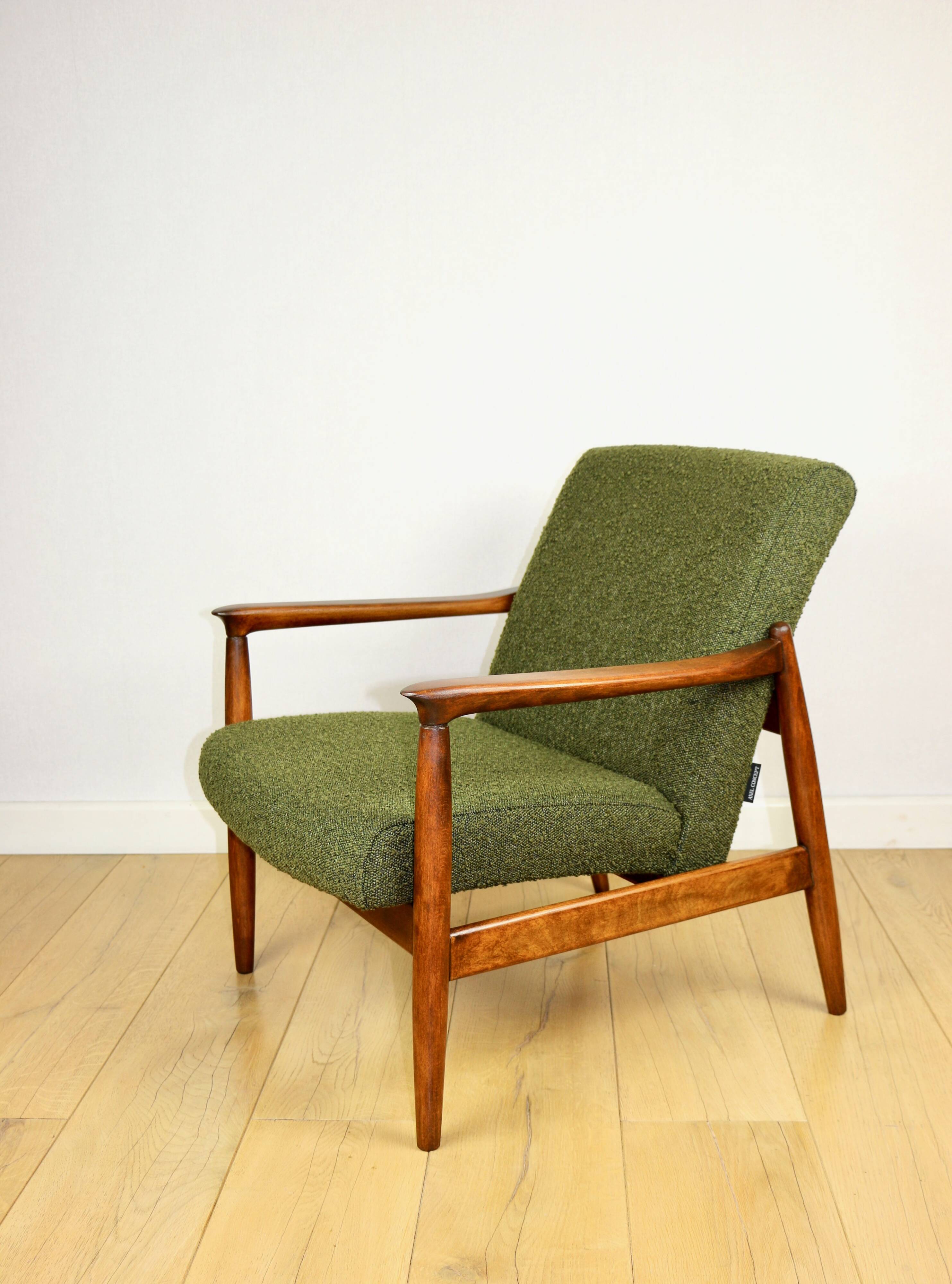 GFM-64 armchair, design by Edmund Homa from the 60s, olive green boucle - 2 pieces available
