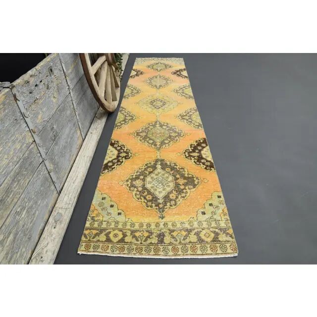 1970s Vintage Turkish Hand-Knotted Wool Cotton Orange Runner Rug 92x390