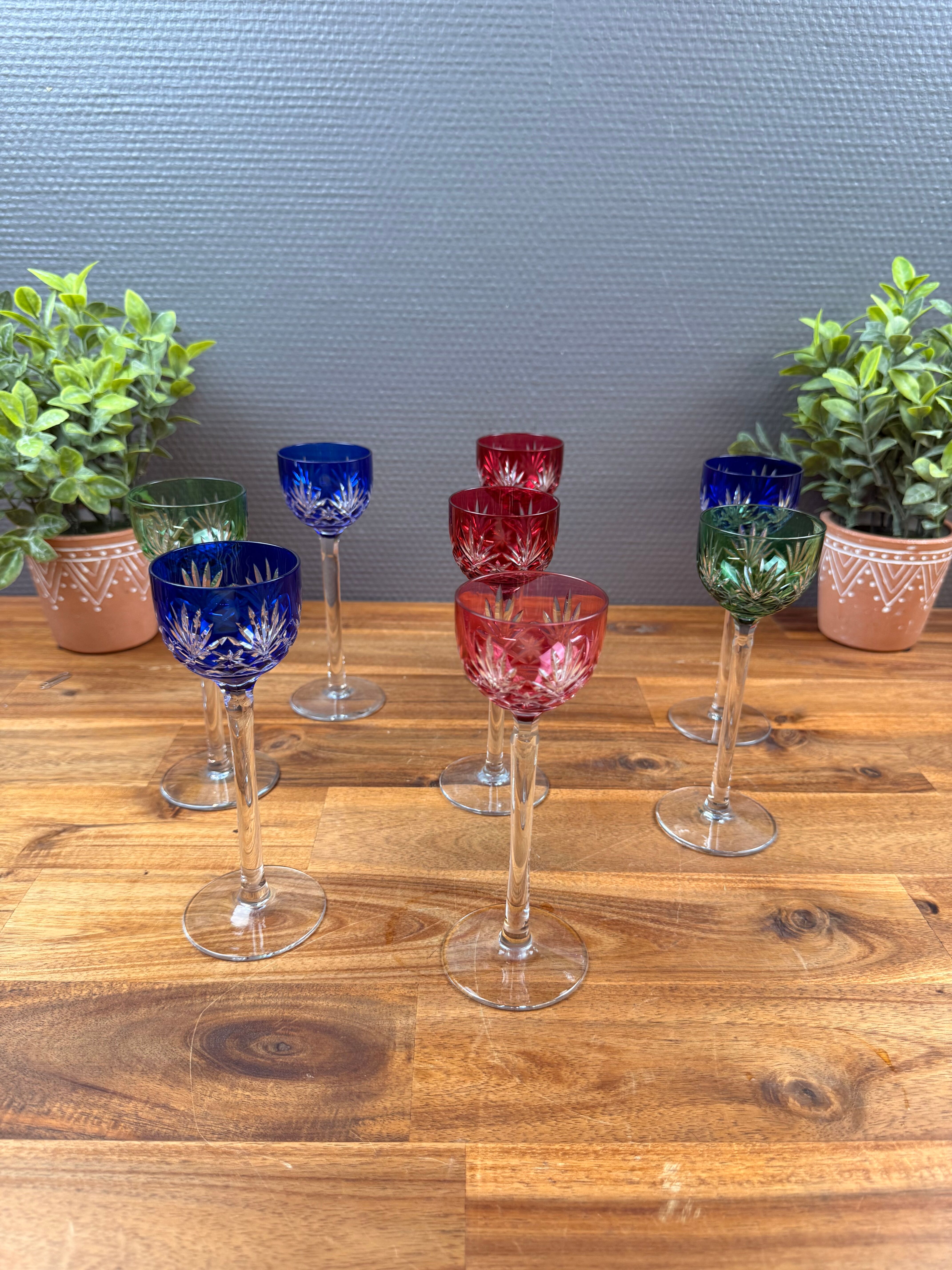 Set of 8 Coloured Cut Crystal Liqueur Glasses