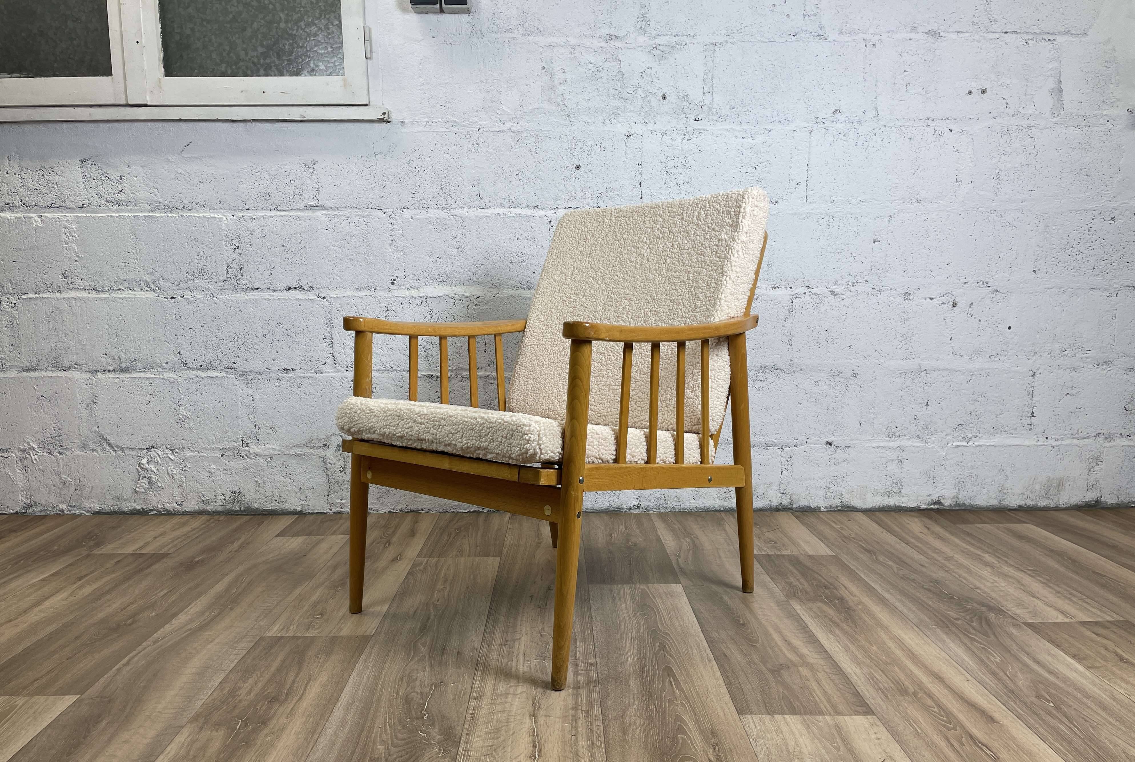 Reupholstered Scandinavian oak armchair, Eastern European origin, 70s-80s