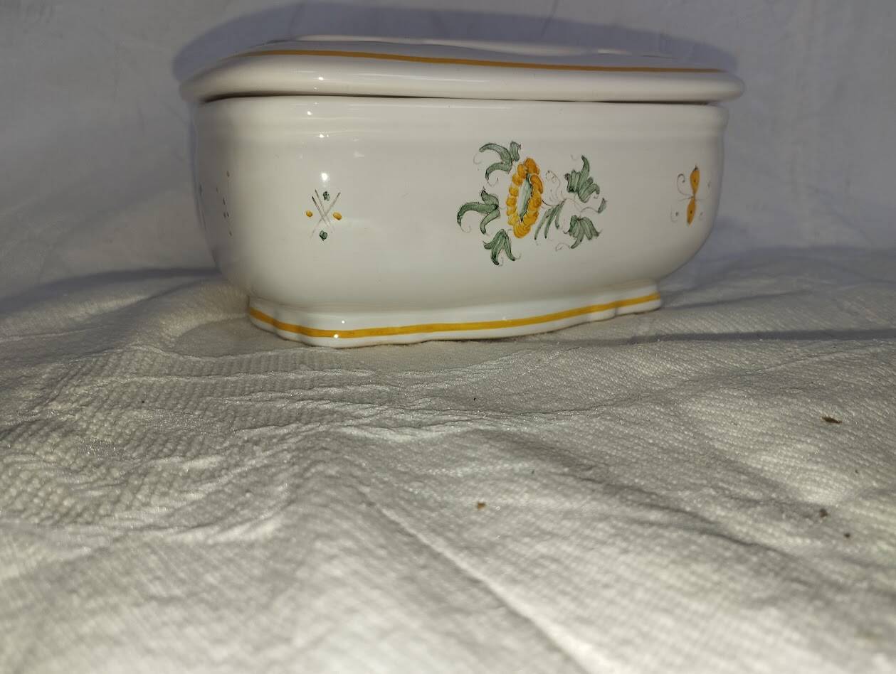 Antique butter dish in faience – Bird decoration – Late 19th / early 20th century