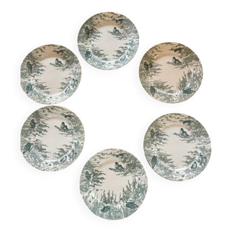 Set of 6 old Sarreguemines Neige green flat plates