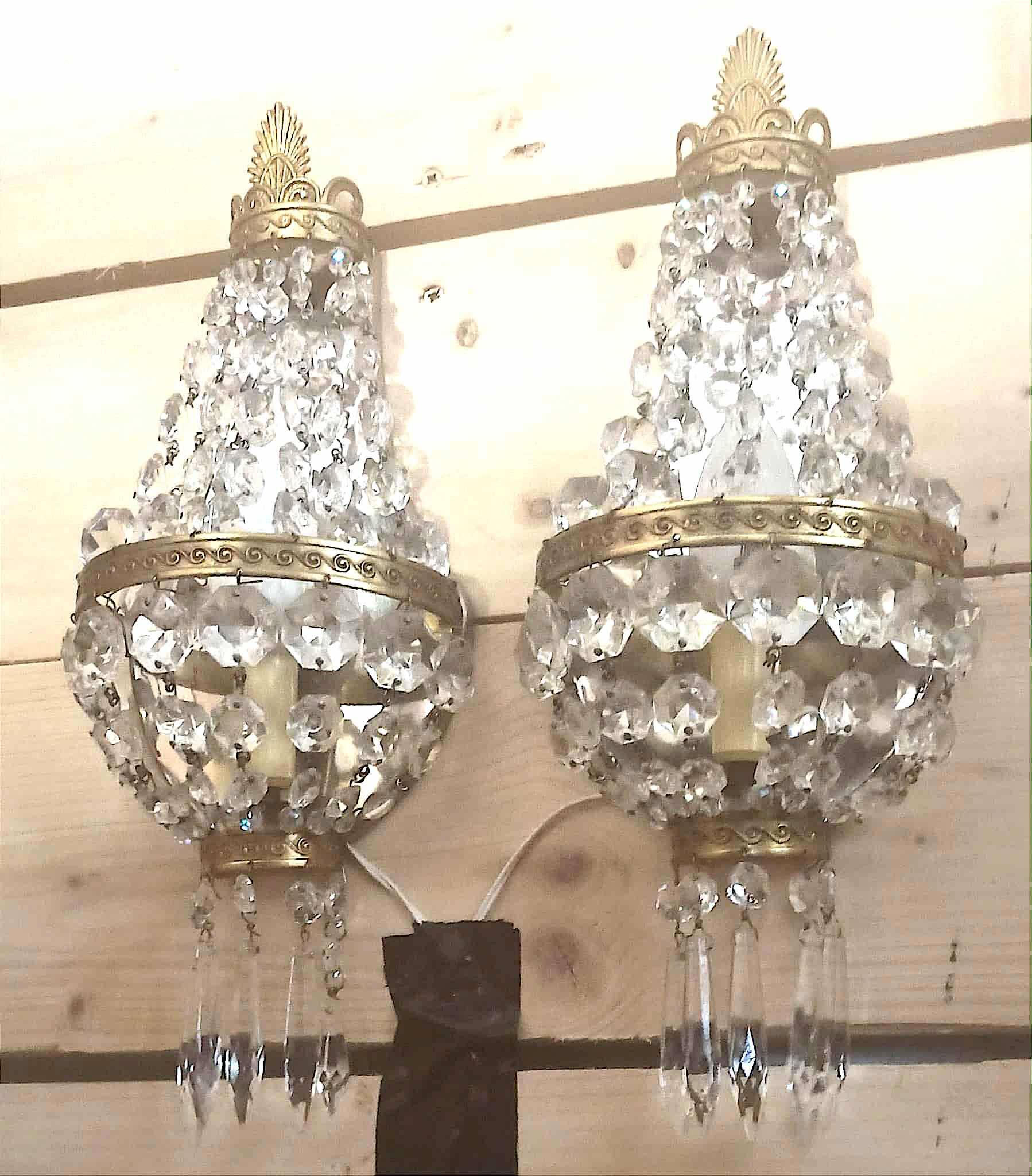 Pair of wall lights with crystal and brass tassels Height 36 cm