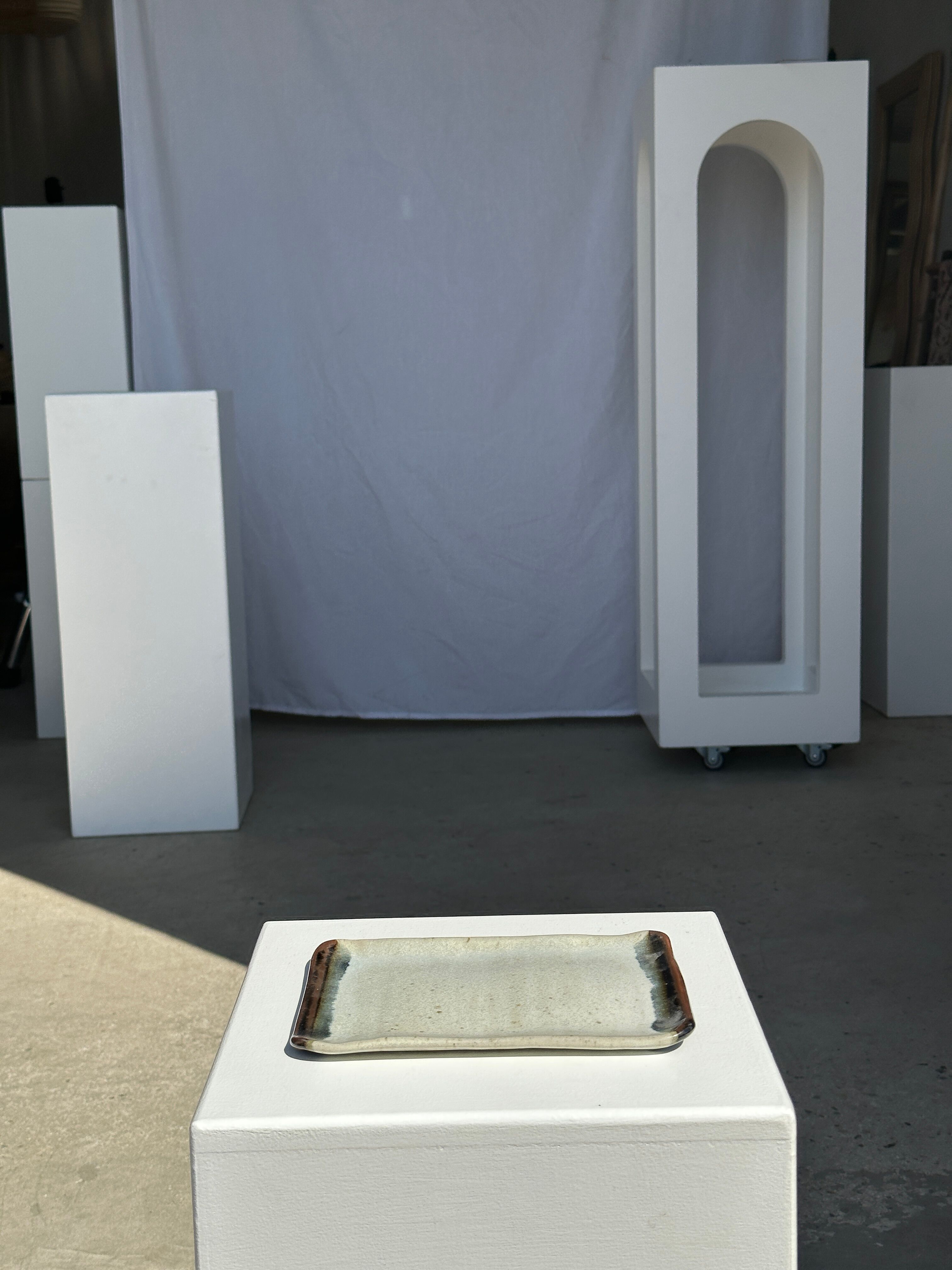 Trio of small rectangular serving dishes white and black Indonesian ceramic 21x16