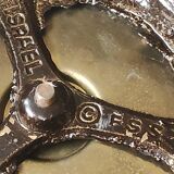 Pair of Hebrew Candlesticks. In antique gold-plated brass. Signed FFS Israel