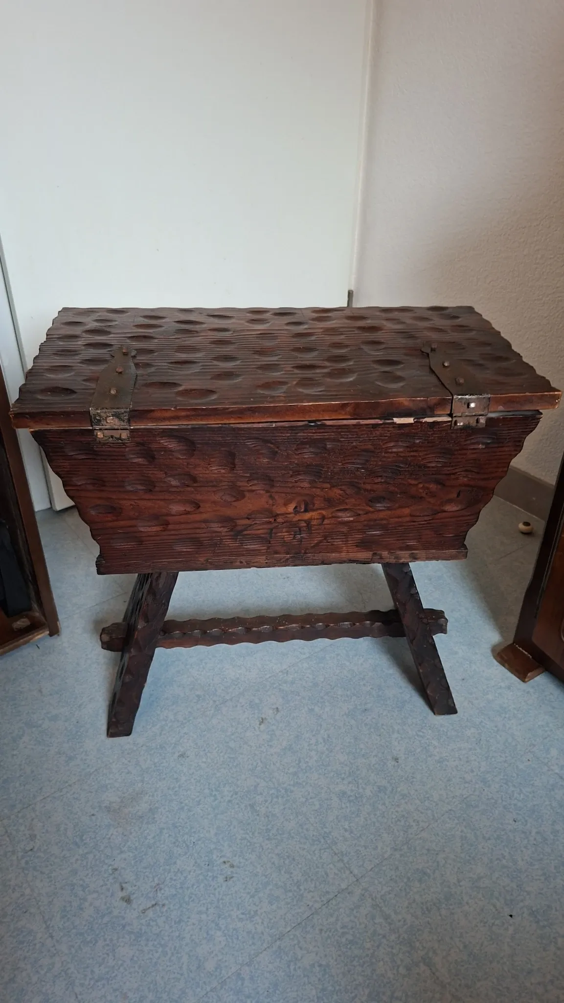 antique carved wooden bread kneader / rustic trunk chest