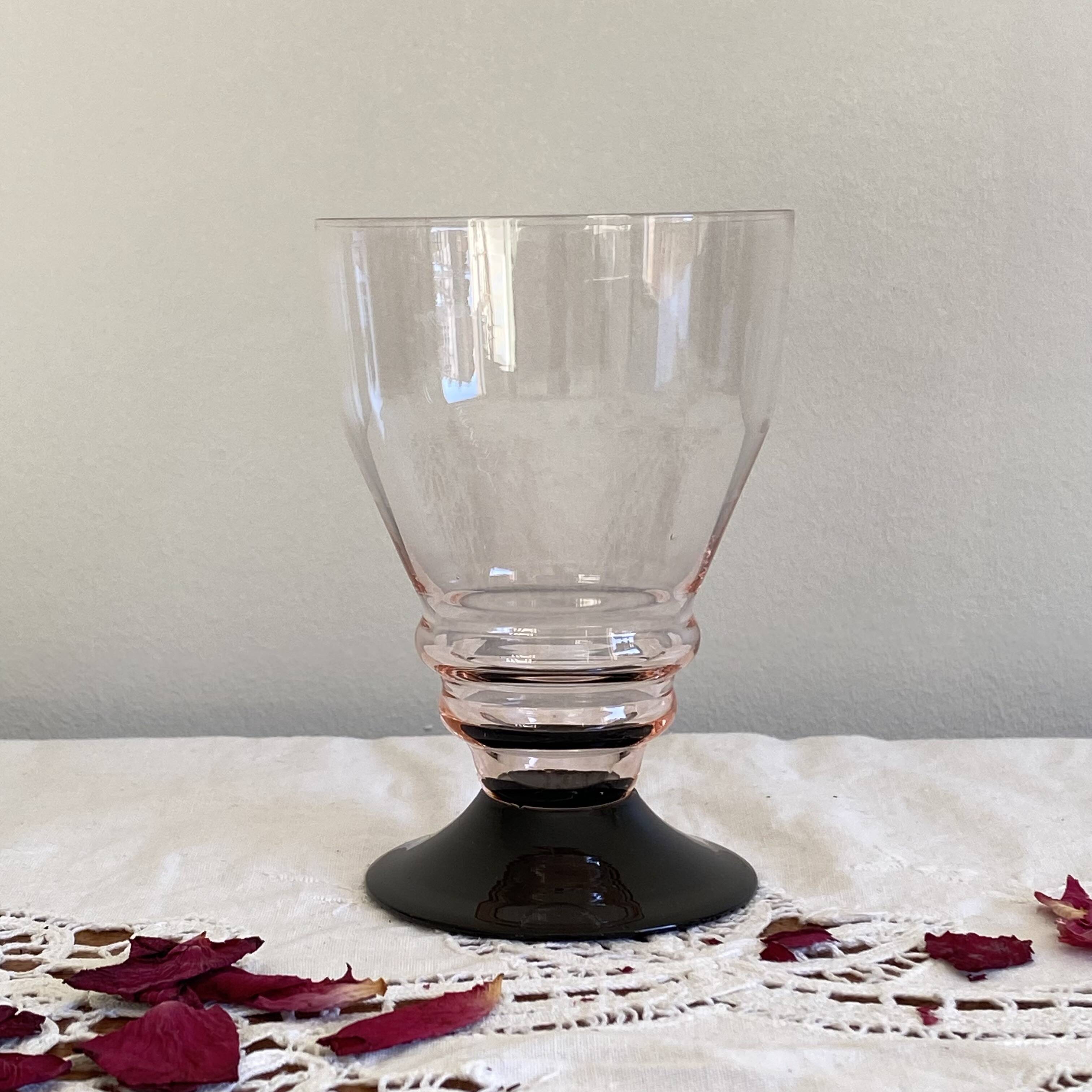 6 large pink art deco wine or water glasses with black stem