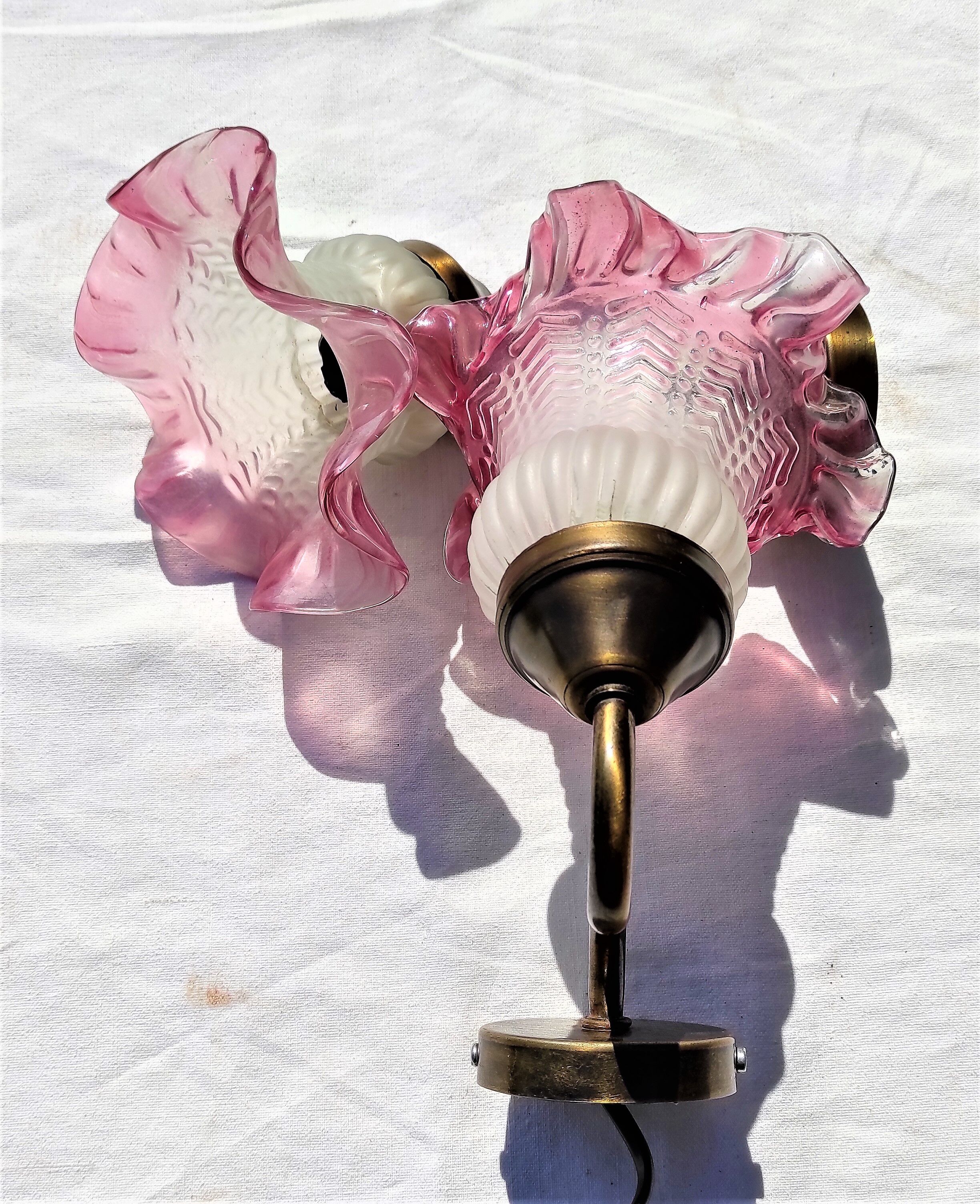 Sconces with tulip colored pink support color old gold 1 pair around 1970