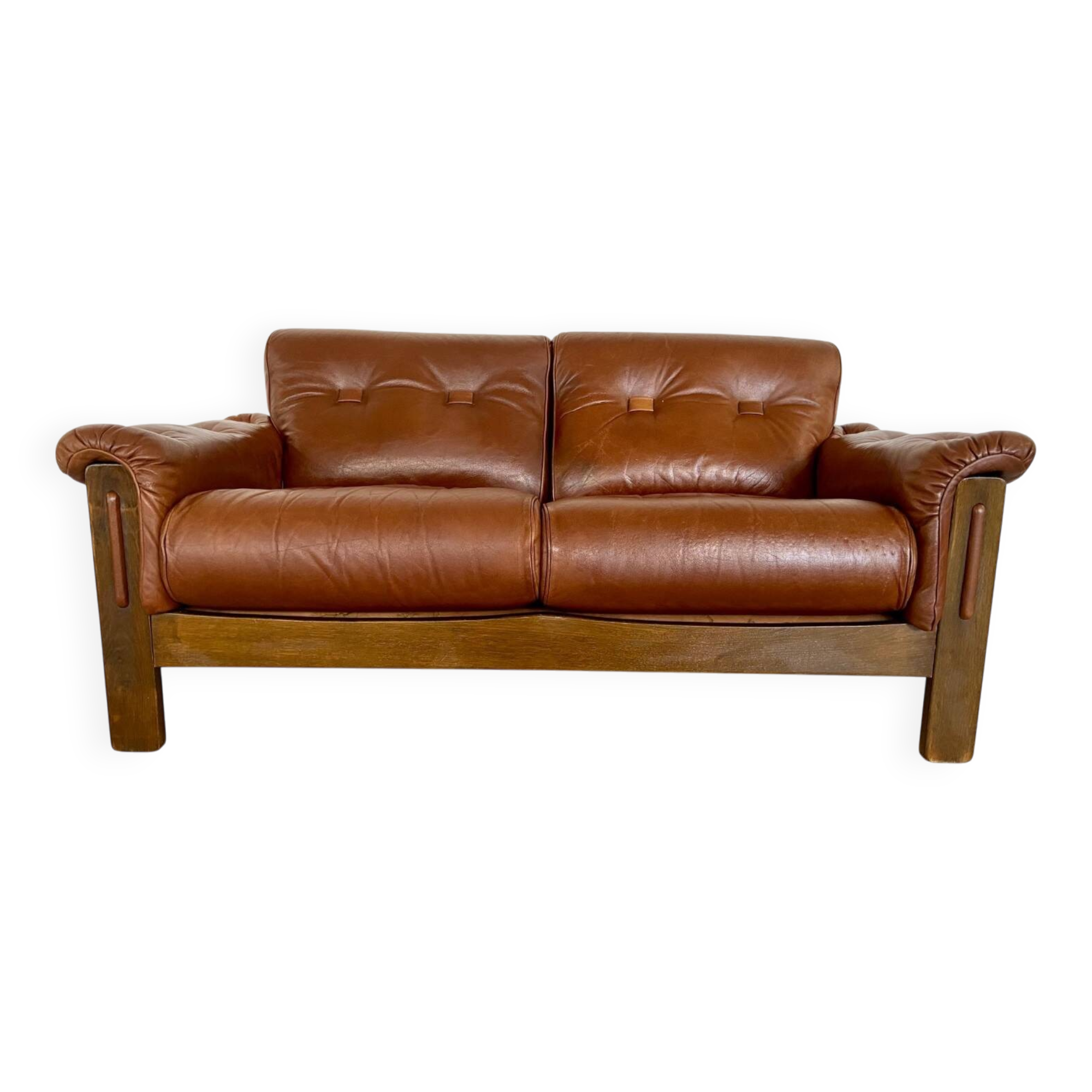 Vintage Danish mid-century cognac brown leather 2-seater Stouby 1970s