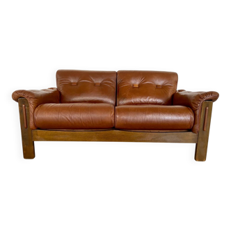 Vintage Danish mid-century cognac brown leather 2-seater Stouby 1970s