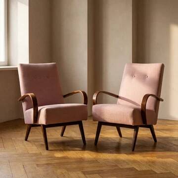 Restored bentwood armchairs by Jaroslav Šmídek, pair, Czechoslovakia, new pink upholstery, 61 × 82 × 81 cm