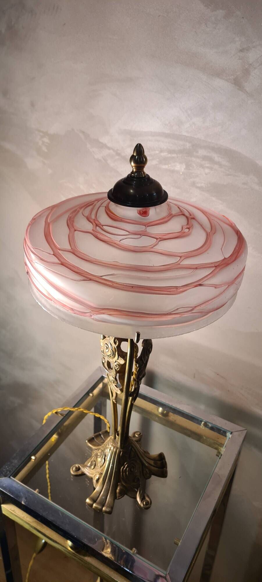 Austrian Art Nouveau bronze lamp with Loetz style art glass shade