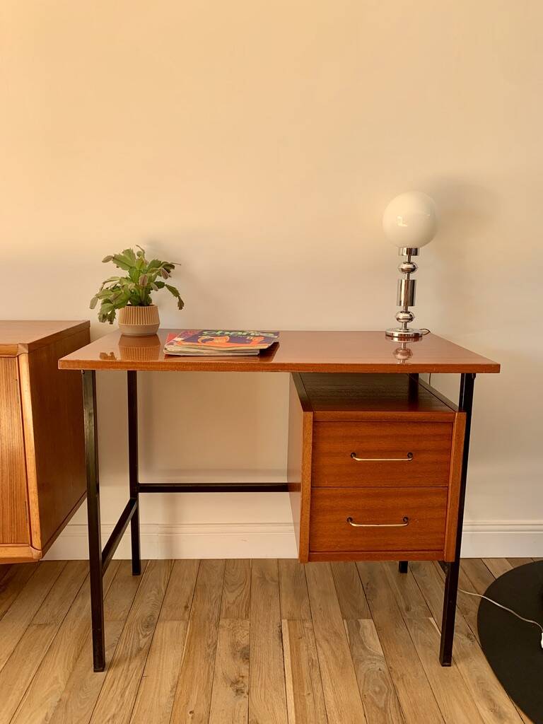 lacquered wood desk and black steel legs design from the 60s and 70s