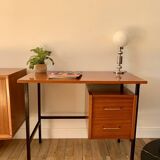 lacquered wood desk and black steel legs design from the 60s and 70s