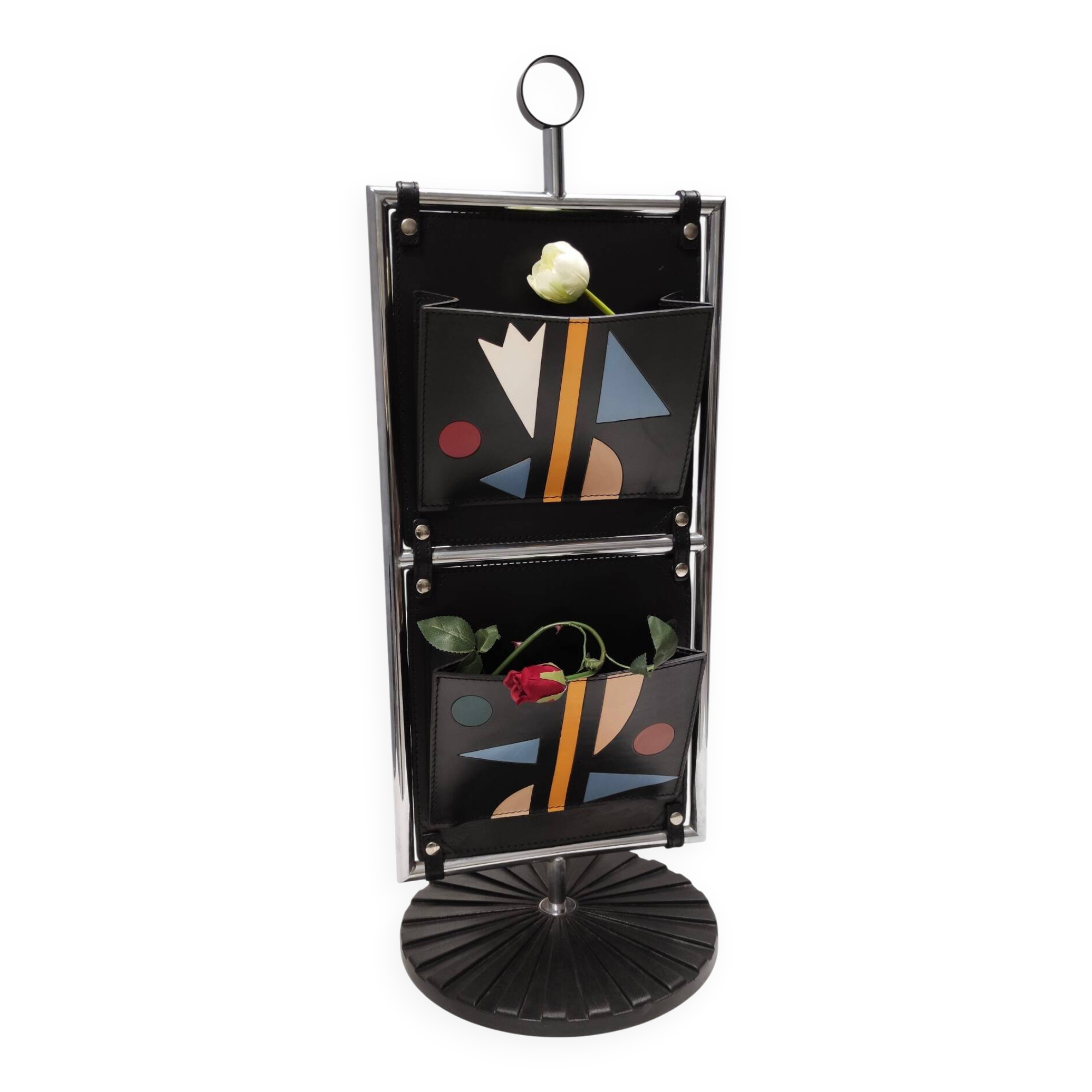 Black Leather and Chrome-Plated Metal Magazine Rack by Salmistraro, Italy