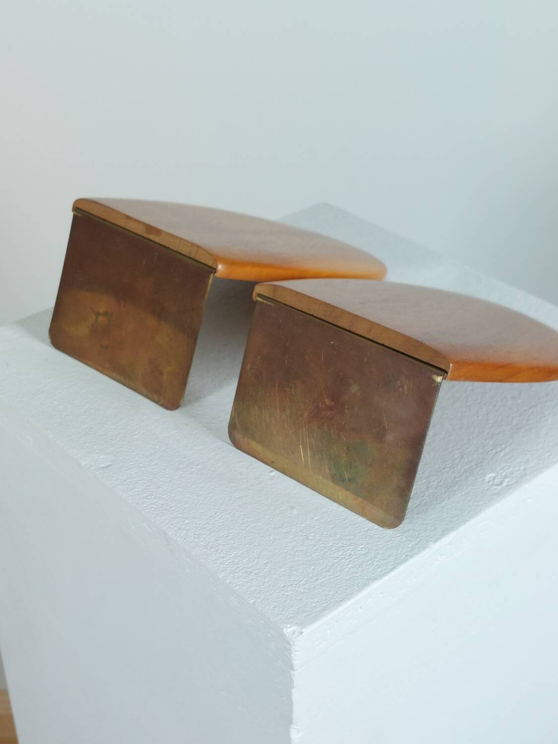 Vintage wooden and brass bookends from the 1950s, Scandinavian style.