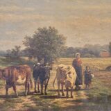 Oil on the tabla “Paisaje con ganado”, Firmado “Ruytter”, Escuela Barbizon, s. XIX – France