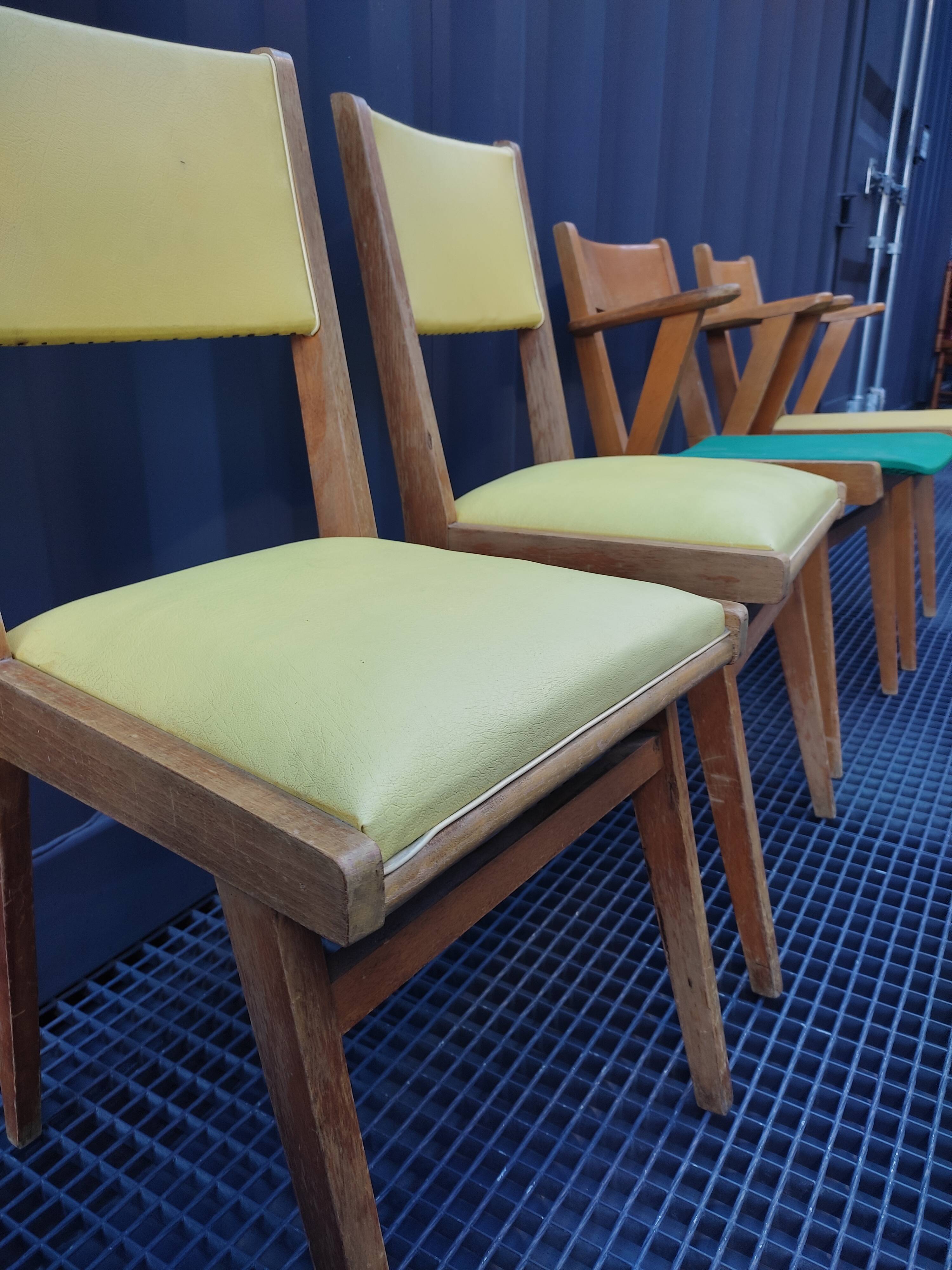 2 armchairs, 2 chairs 50s wooden