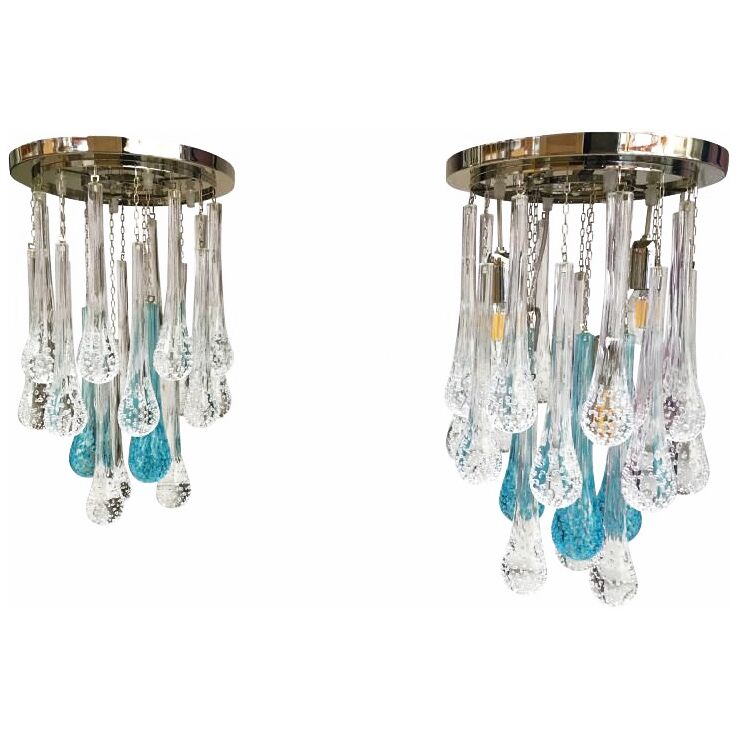 Flush mount in metal framed chrome with large clear and blue drops