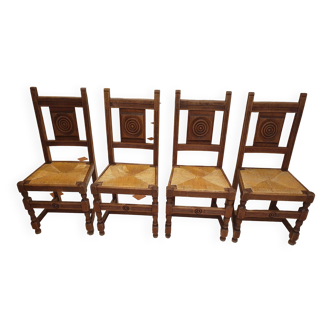 4 dining chairs, basque style, solid oak, société lambrechts france, 1960s