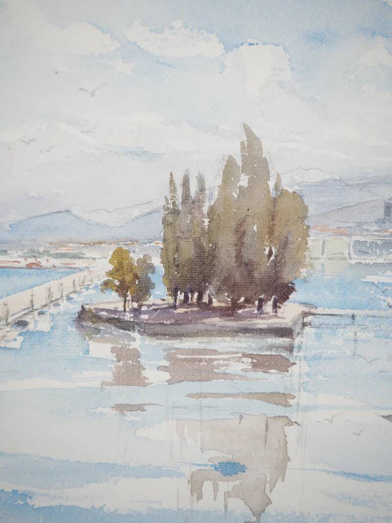 René LEVERD: Switzerland, Swans of Geneva, Original watercolor