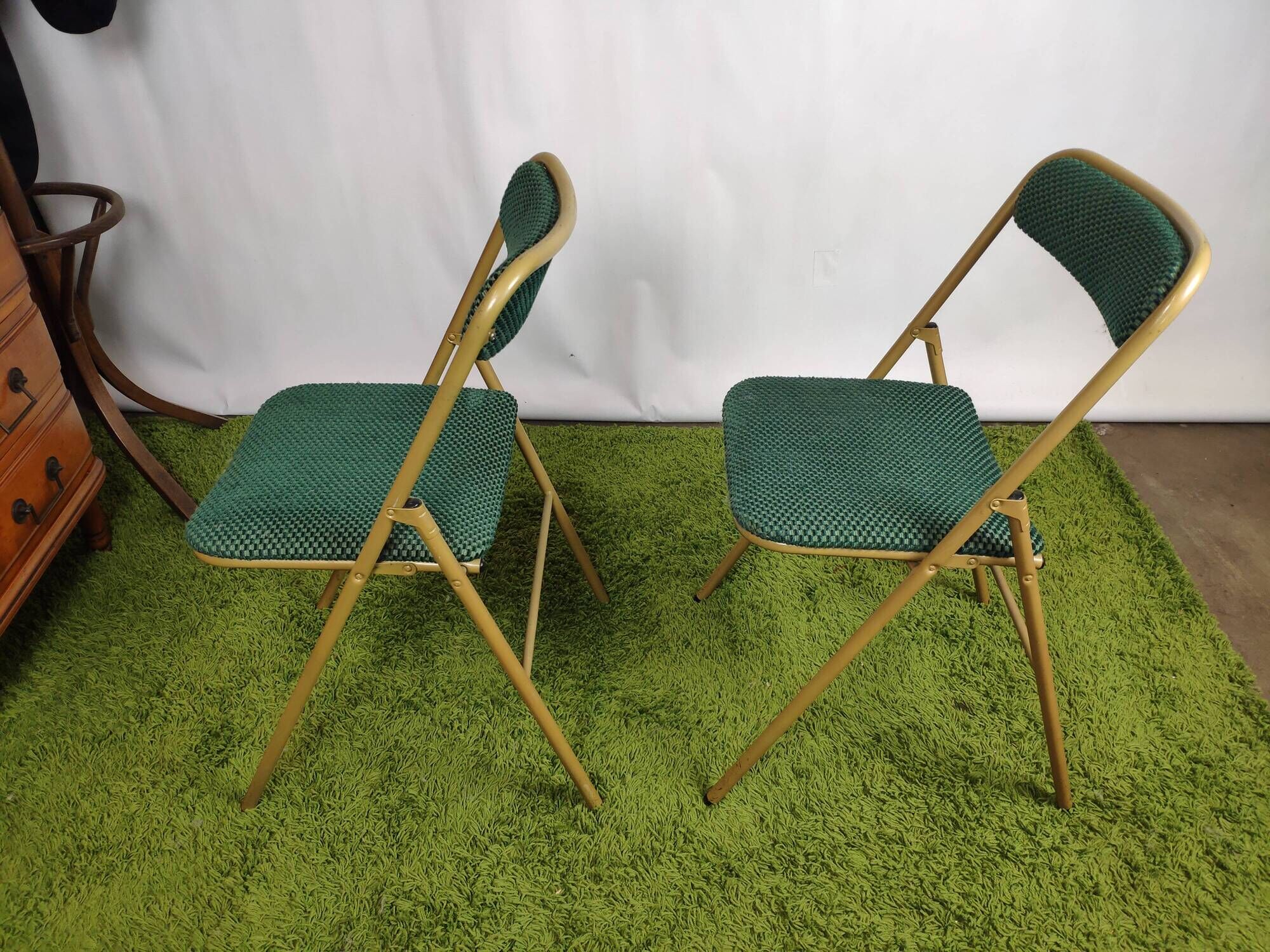 Lot of 4 folding chairs striped fabrics and green metal year 60