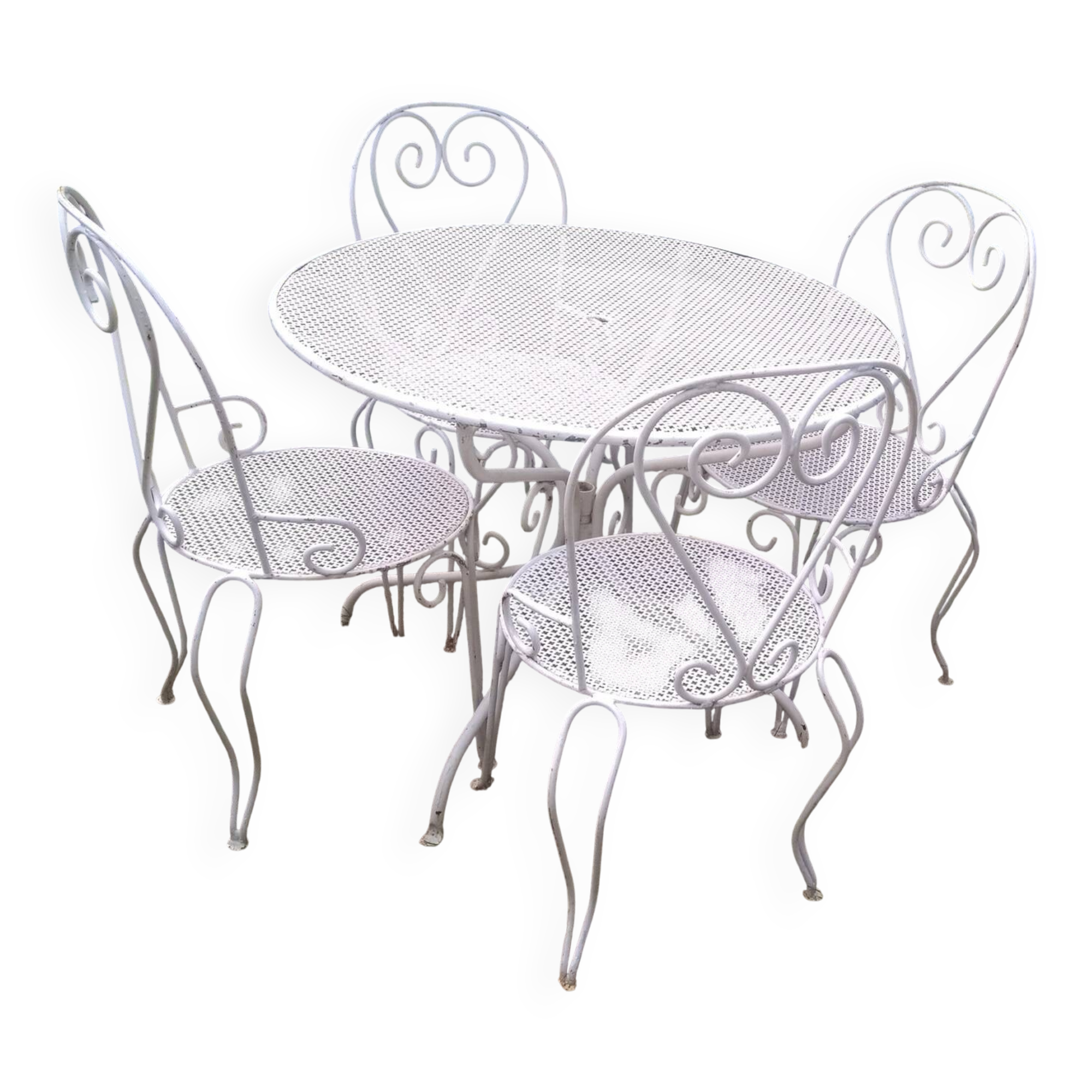Mategot-style perforated wrought iron garden furniture with table and armchairs