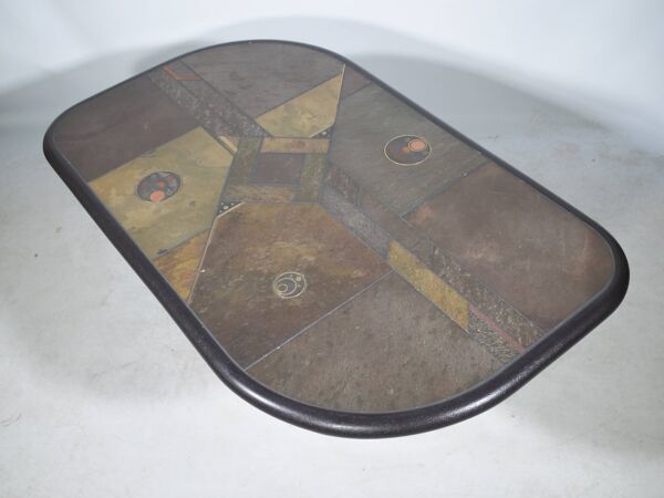 Table basse brutaliste en pierre, cuivre et laiton par Paul Kingma, années 70-80