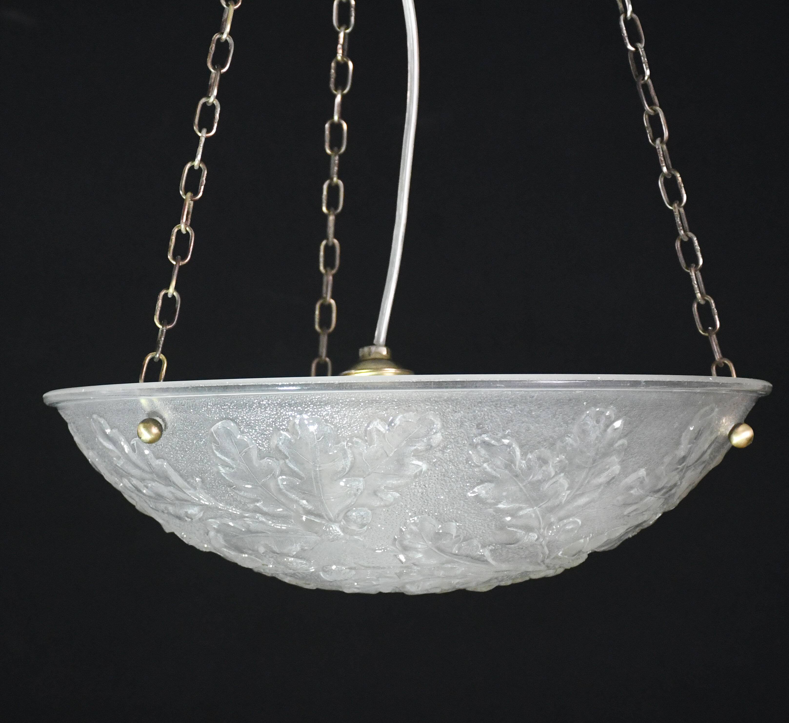 French Art Deco glass bowl pendant chandelier with floral pattern, 1950