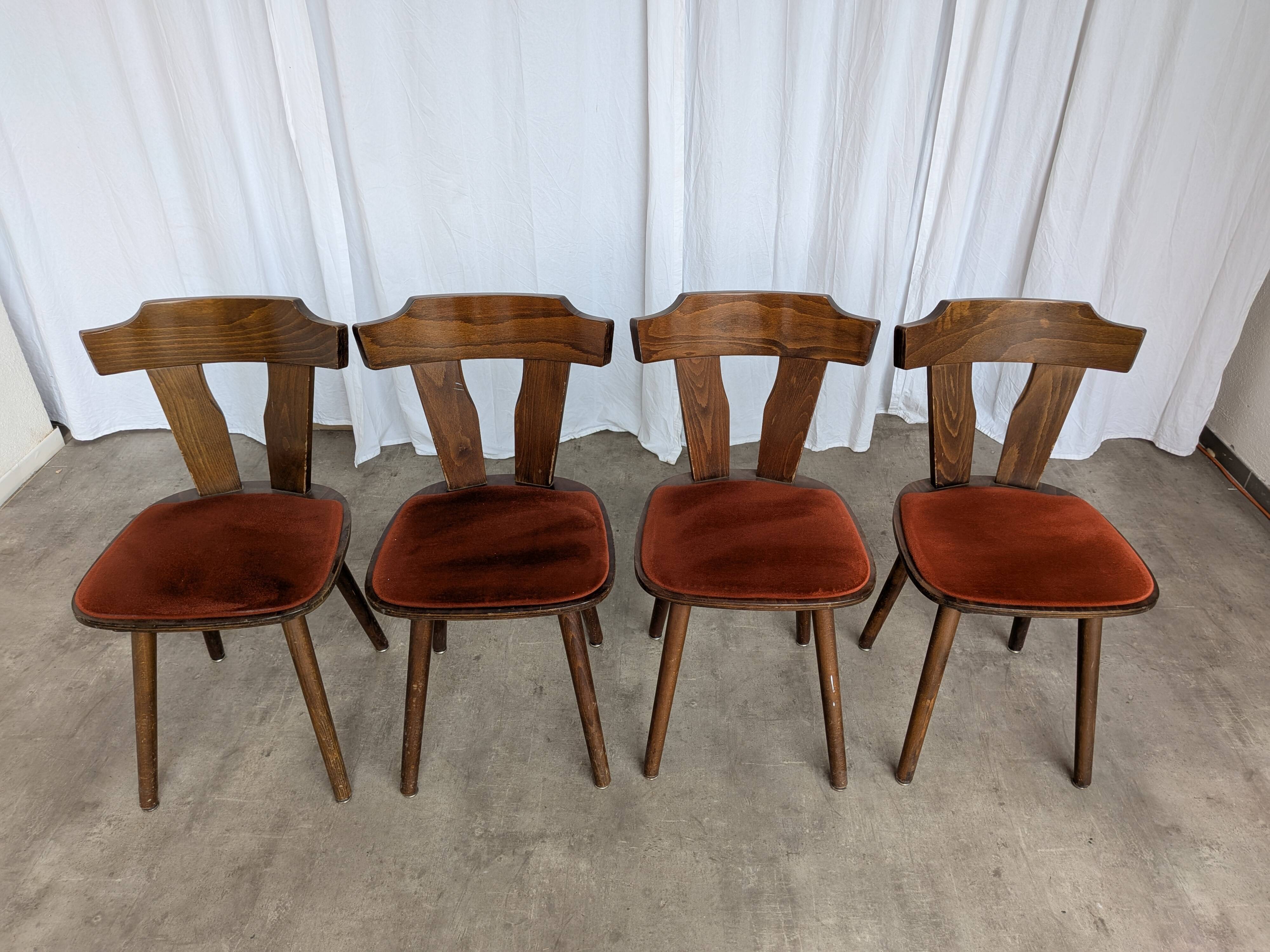 Vintage Tyrolean Dining Chairs: Set of 4, Red Fabric Seat, 1970s