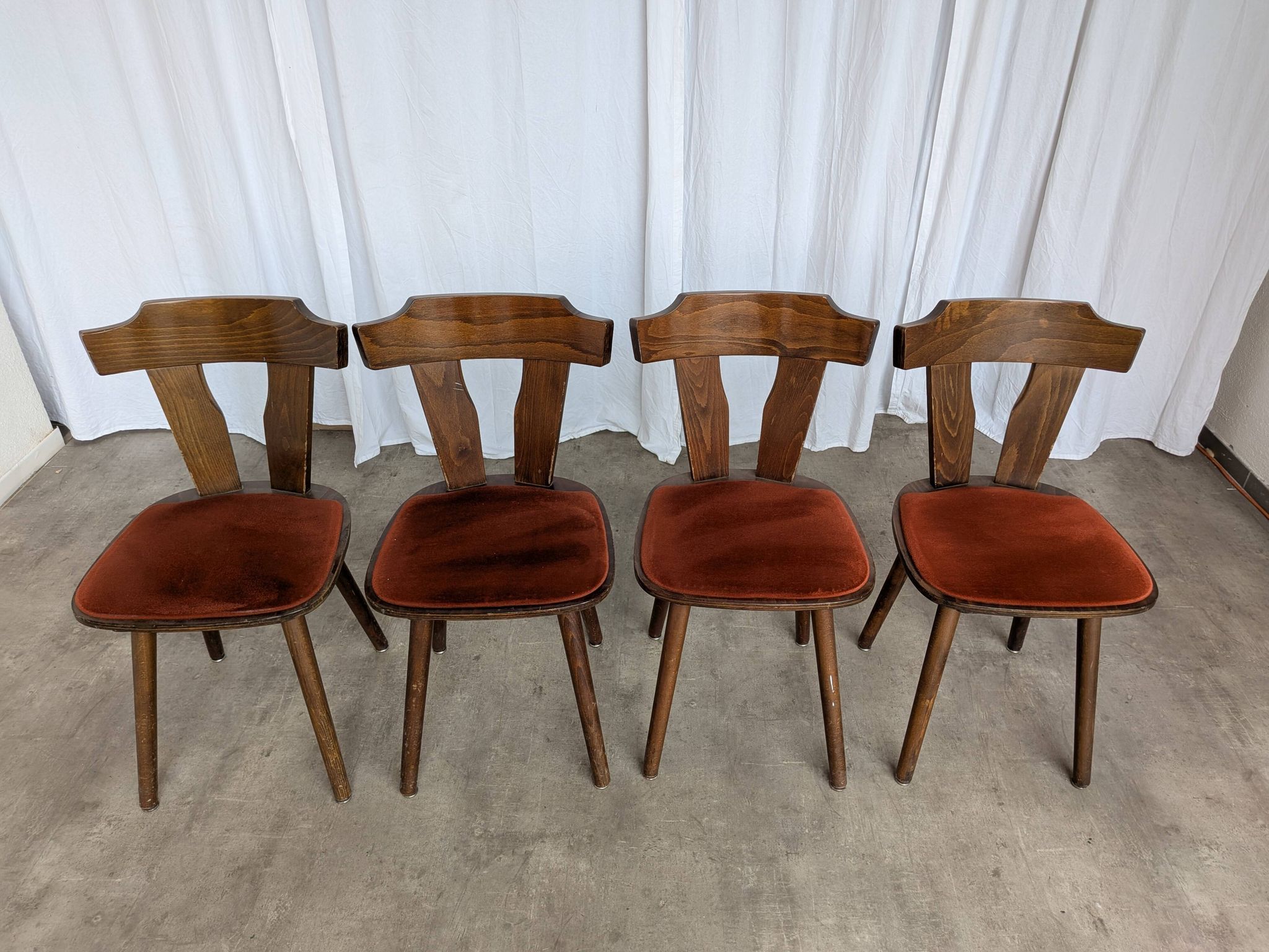 Vintage Tyrolean Dining Chairs: Set of 4, Red Fabric Seat, 1970s
