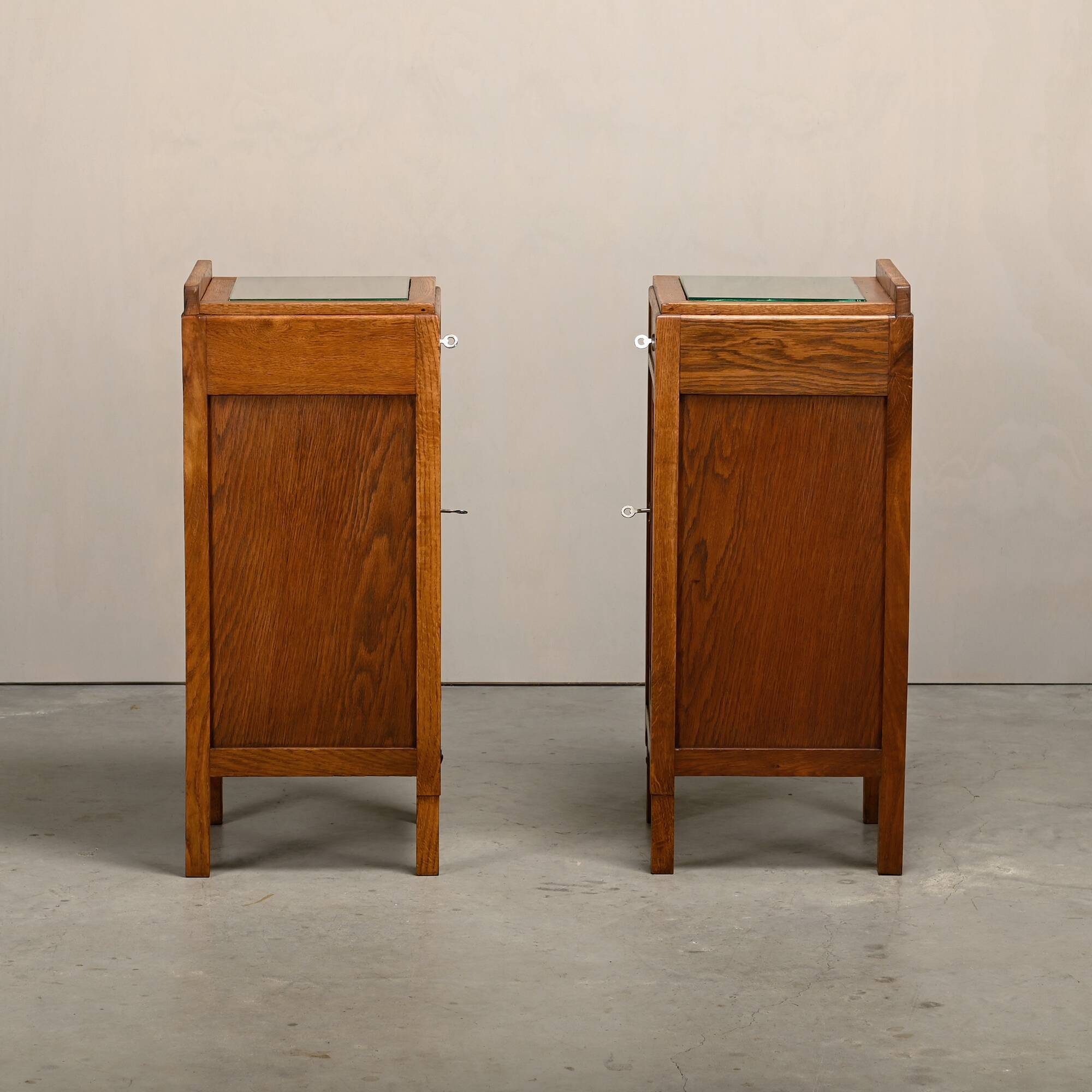 Art Deco Amsterdam School Nightstands oak wood and glass, 1930s Netherlands