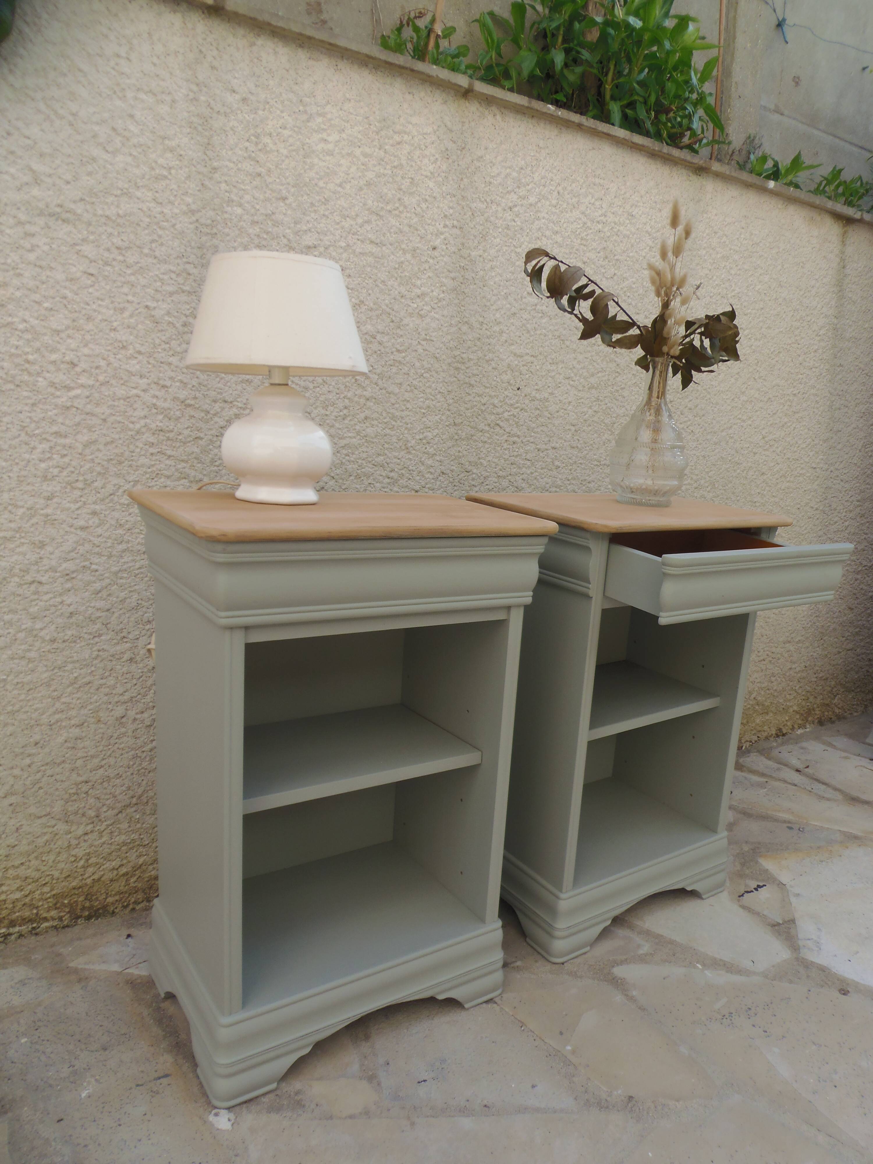 2 Louis Philippe style bedside tables reimagined in grey-green, wooden top.