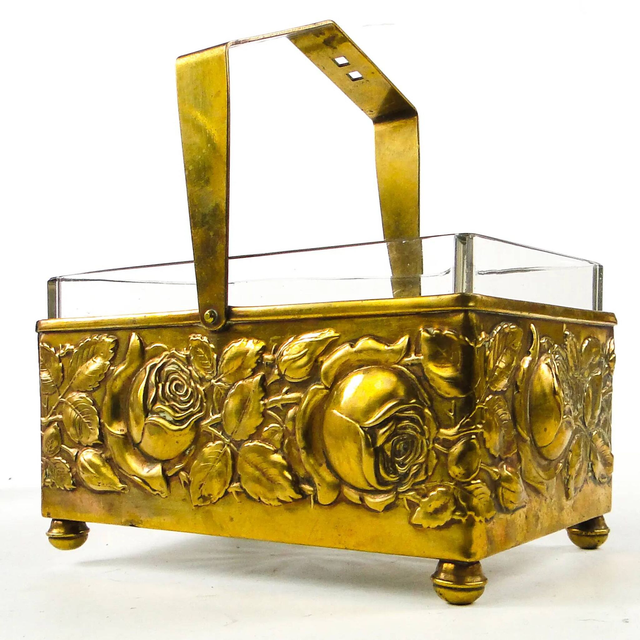 Art Deco nut and fruit basket, brass, crystal, Germany, 1930s