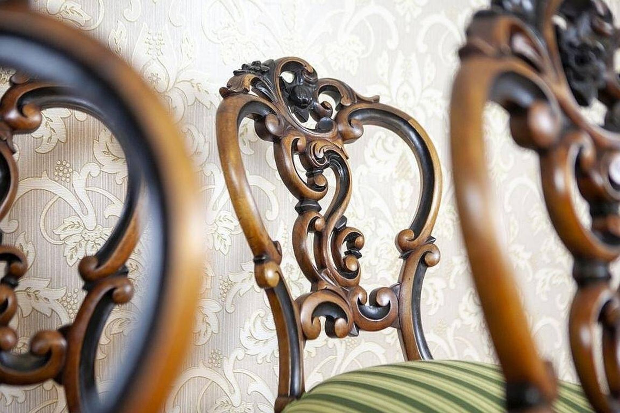 Vintage Walnut Chairs in Light Green, 1890s, Set of 5