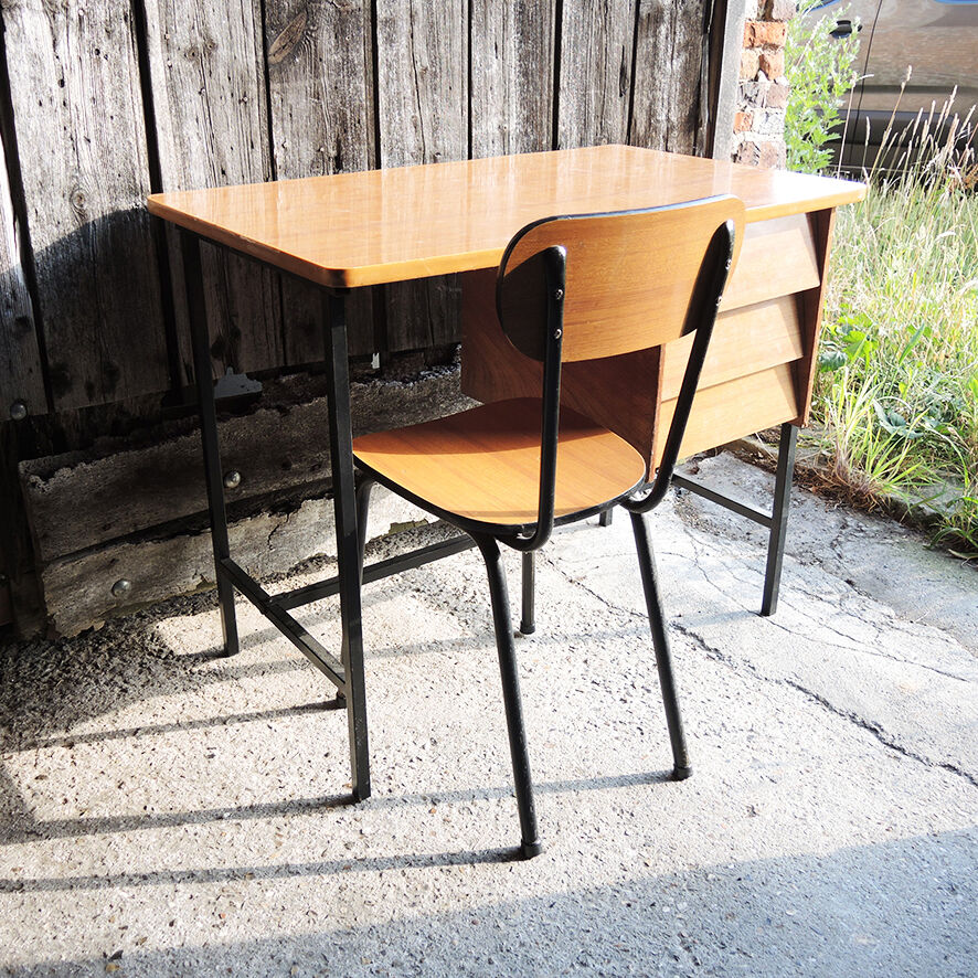 Vintage formica and metal desk with matching chair.