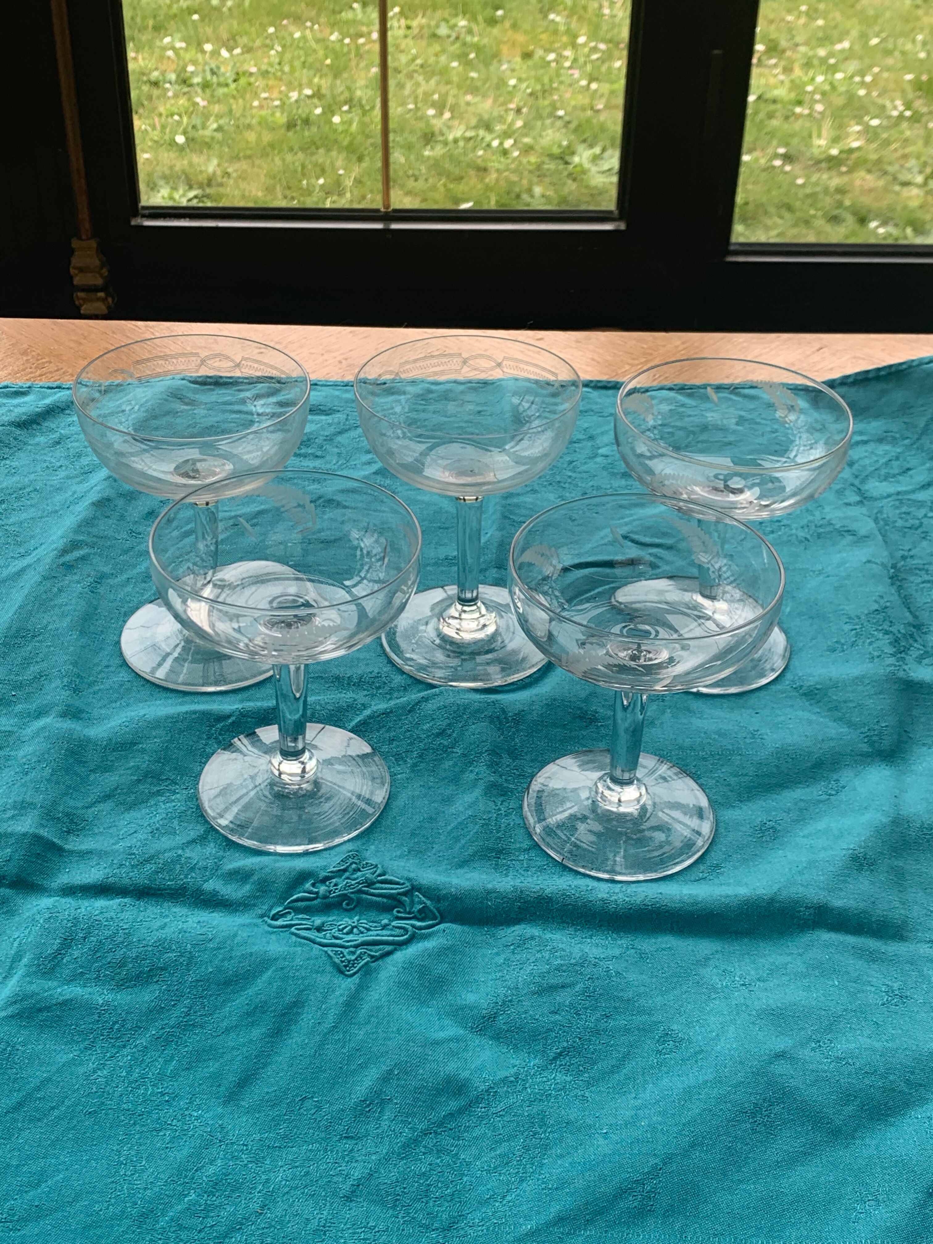 5 vintage mismatched champagne glasses