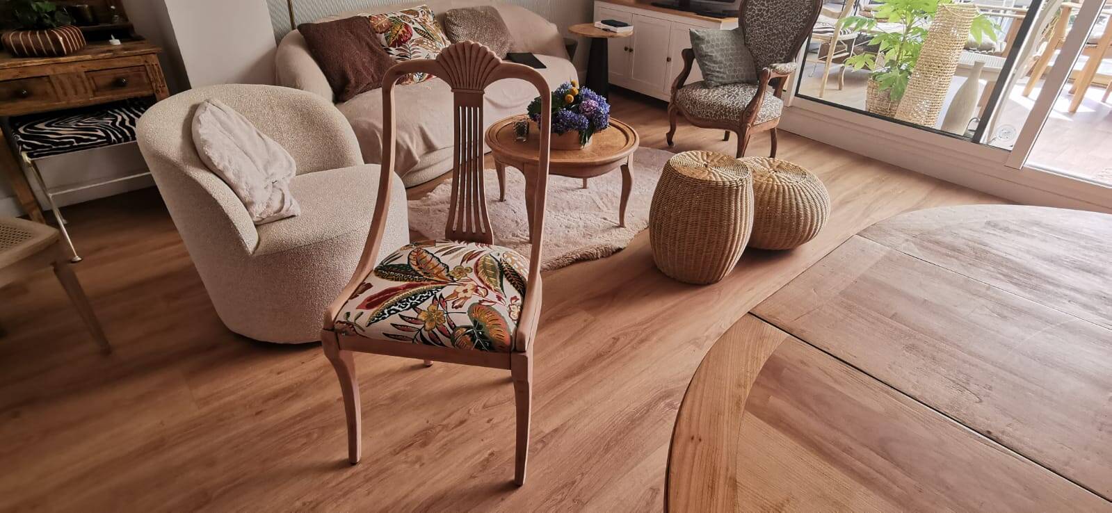 4 vintage wooden chairs sanded and reupholstered.