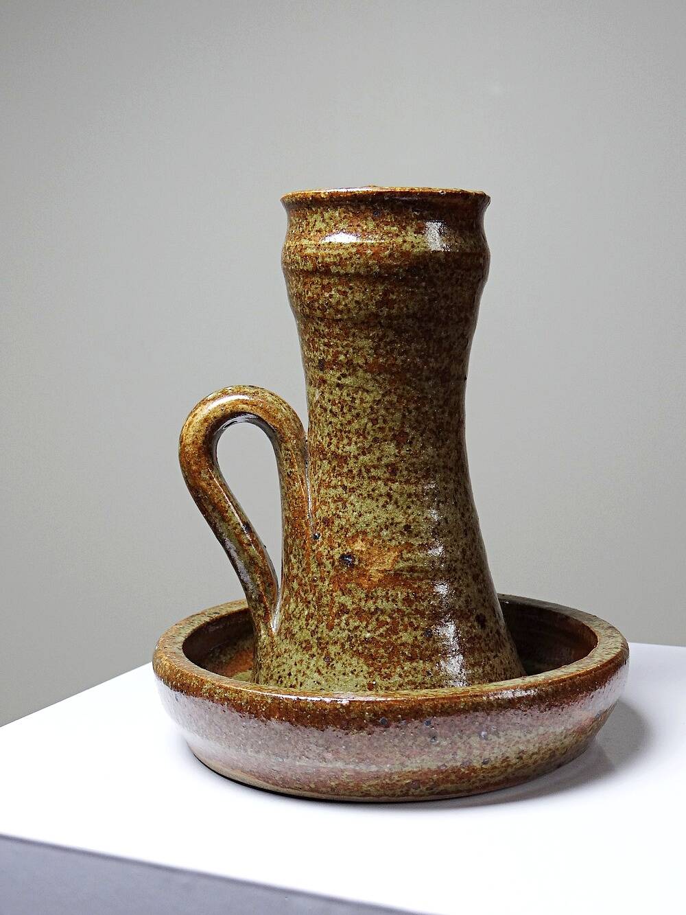 Large hand-held candle holder in handcrafted stoneware in the style of Baudat, La Borne, vintage