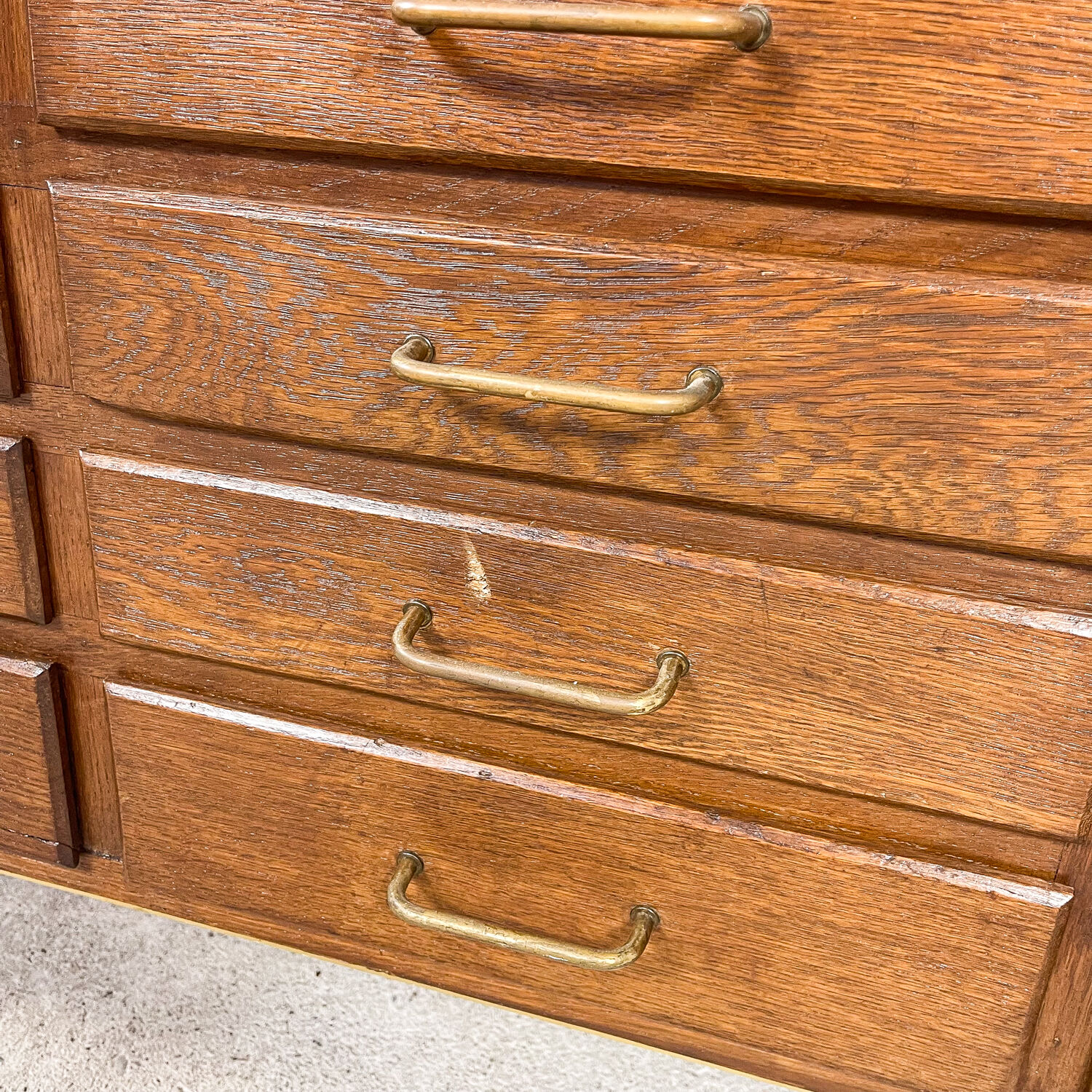 Vintage oak shop jewellery display counter with drawers