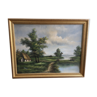 Painting on framed canvas gilded wood