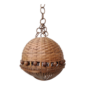 Suspension ball in rattan and wood 70s