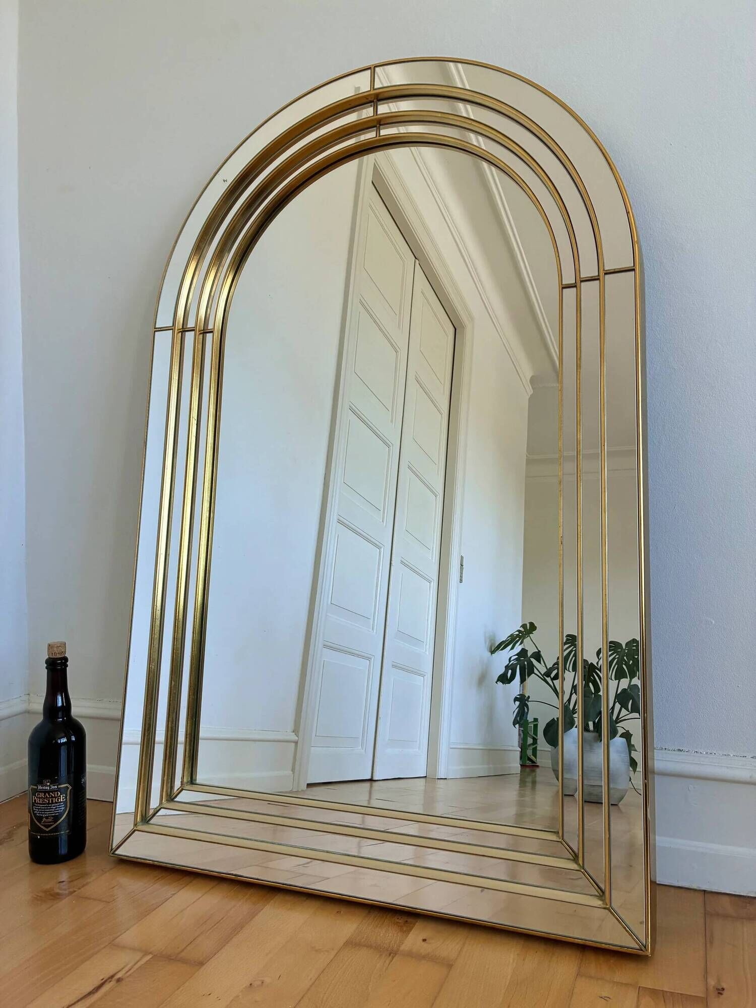 Large vintage Deknudt arched beveled panel mirror – gold, Belgium, 1980s