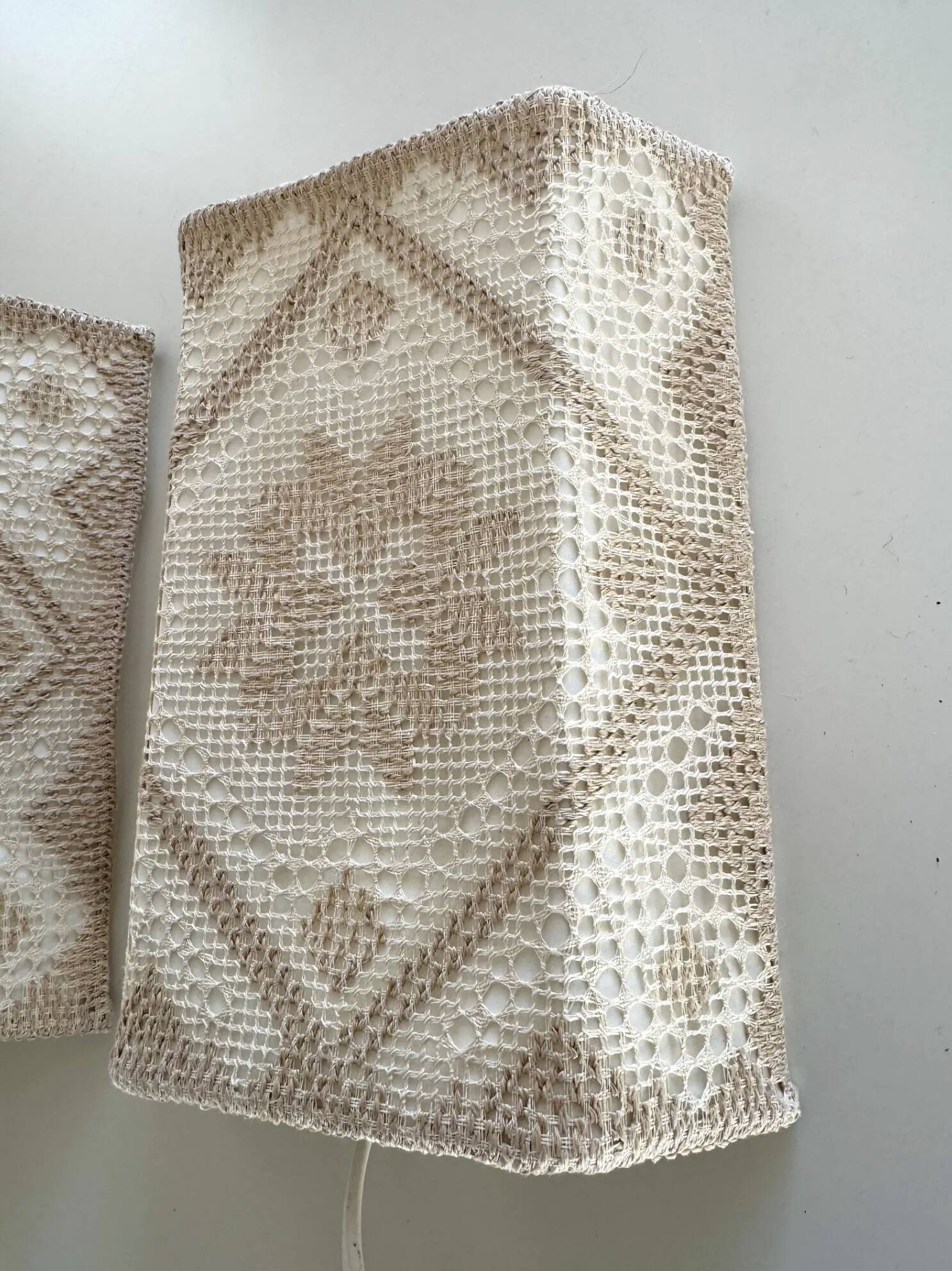 Pair swedish vintage crochete textile wall lamp, "näversom" handmade