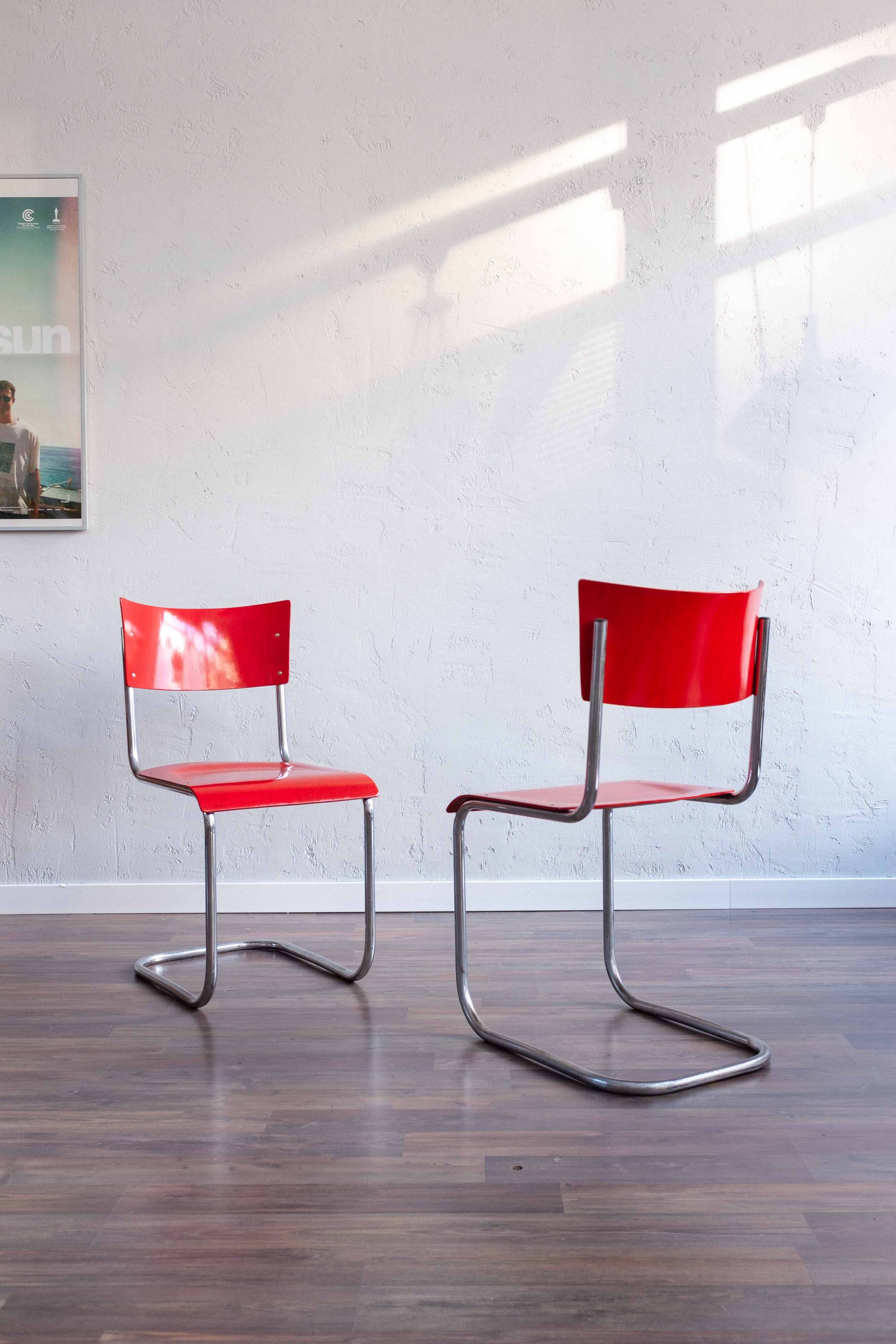 Functionalist Bauhaus Style Red Dining Chairs By Kovona, 1940s